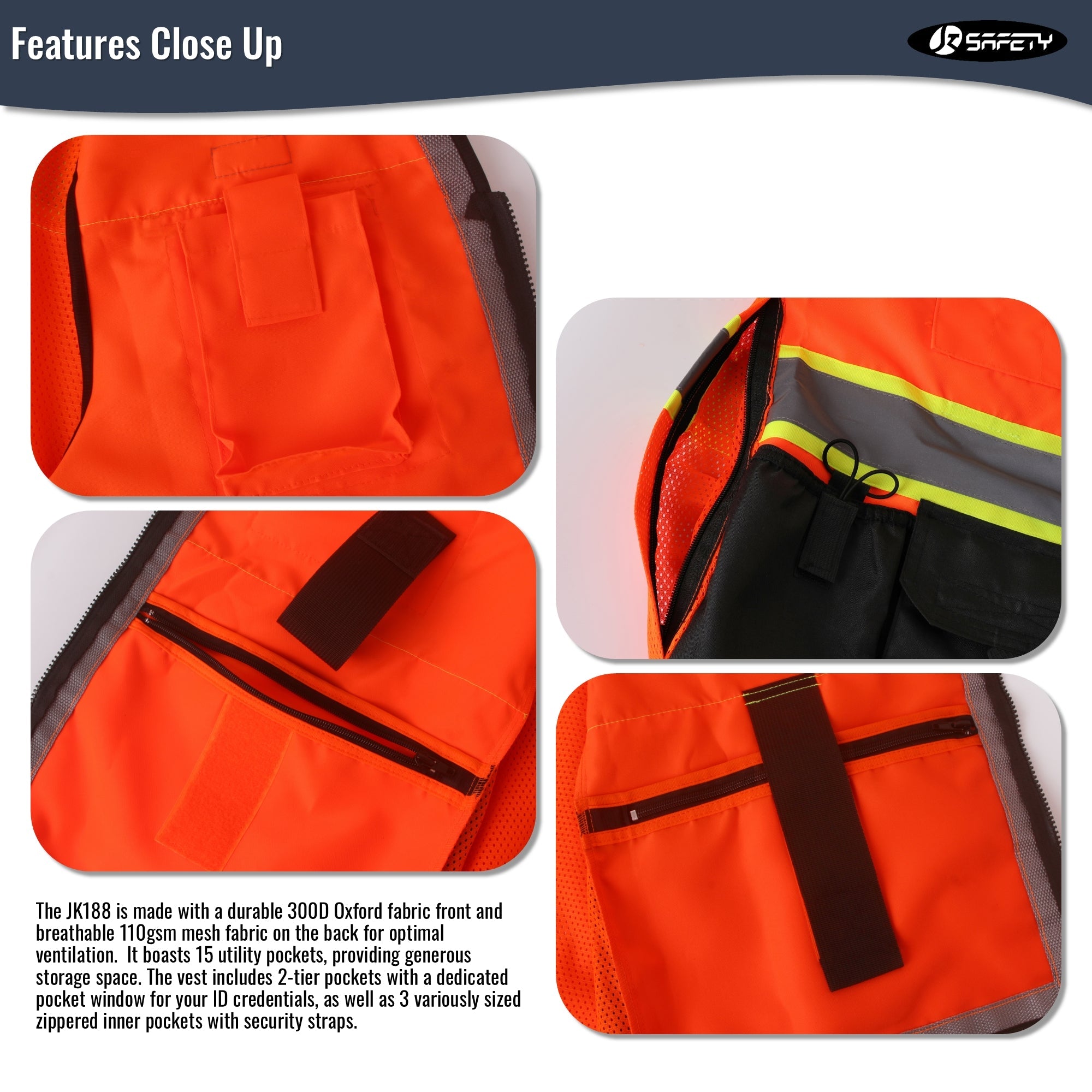 JKSafety Heavy Duty Reflective Surveyor Safety Vest Cushioned Collar (JK188)