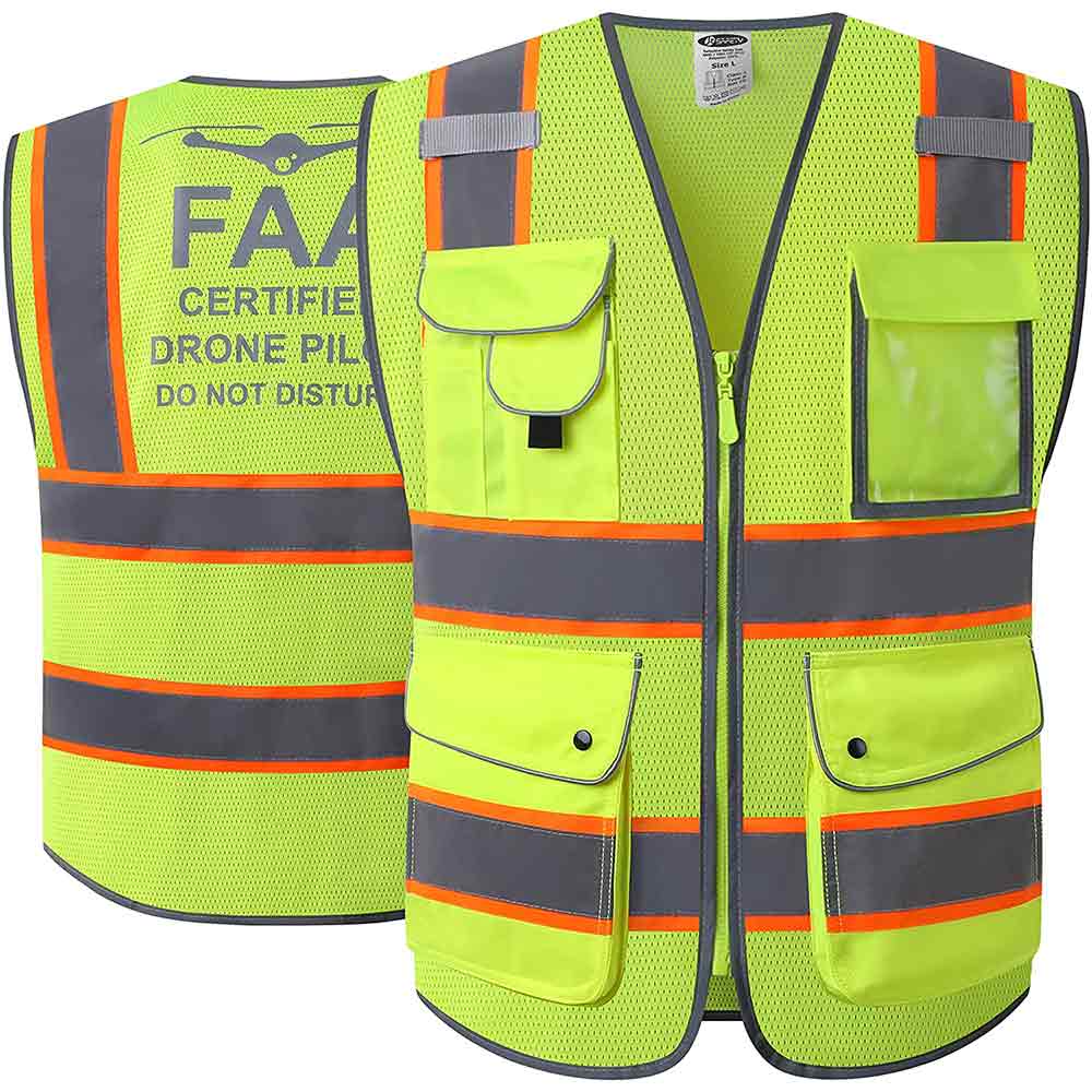 JKSafety 9 Pockets Mesh Two-Tone Hi-Vis Reflective Safety Vest, FAA Drone Pilot (JK100-FAA)