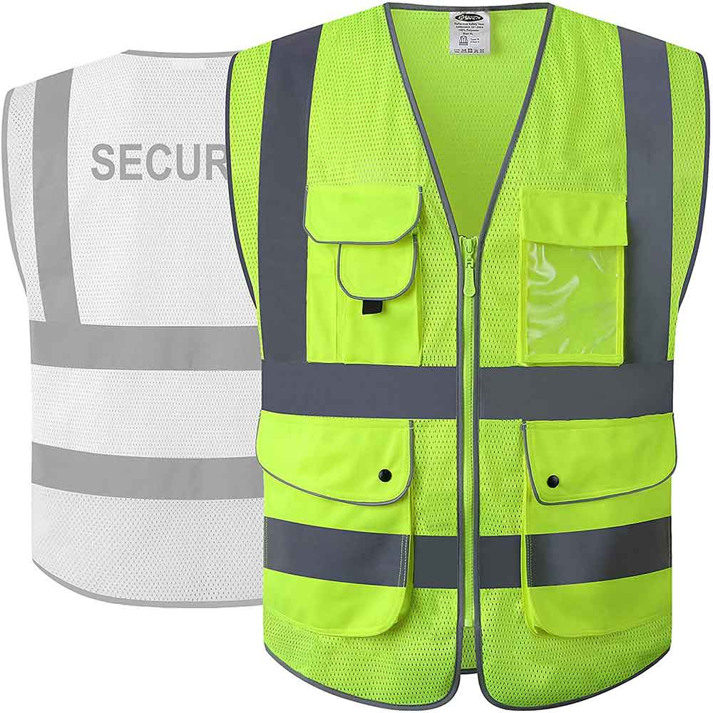 JKSafety 9 Pockets Mesh Hi-Vis Reflective Safety Vest, Security (JK200-SEC)