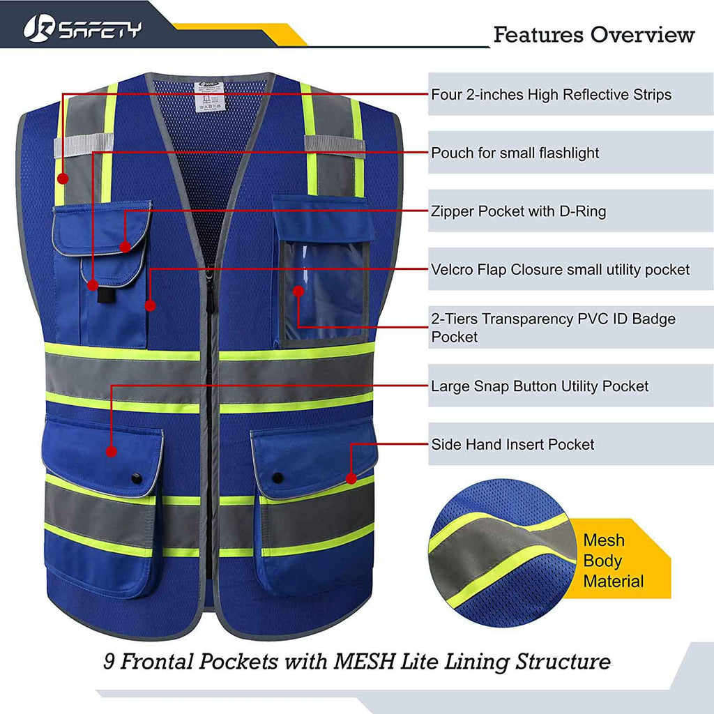 JKSafety 9 Pockets Mesh Two-Tone Hi-Vis Reflective Safety Vest, FAA Drone Pilot (JK100-FAA)