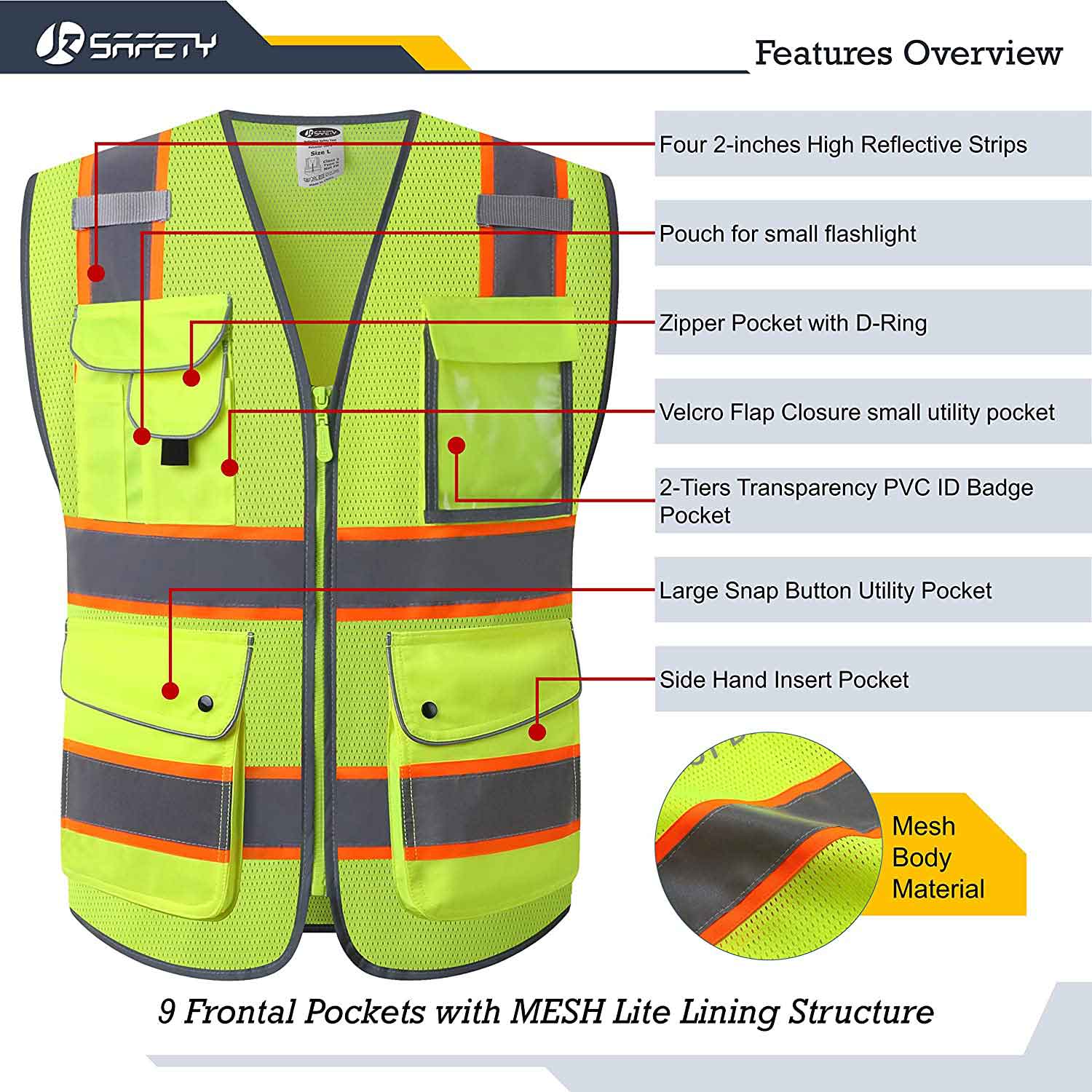 JKSafety 9 Pockets Mesh Two-Tone Hi-Vis Reflective Safety Vest, FAA Drone Pilot (JK100-FAA)