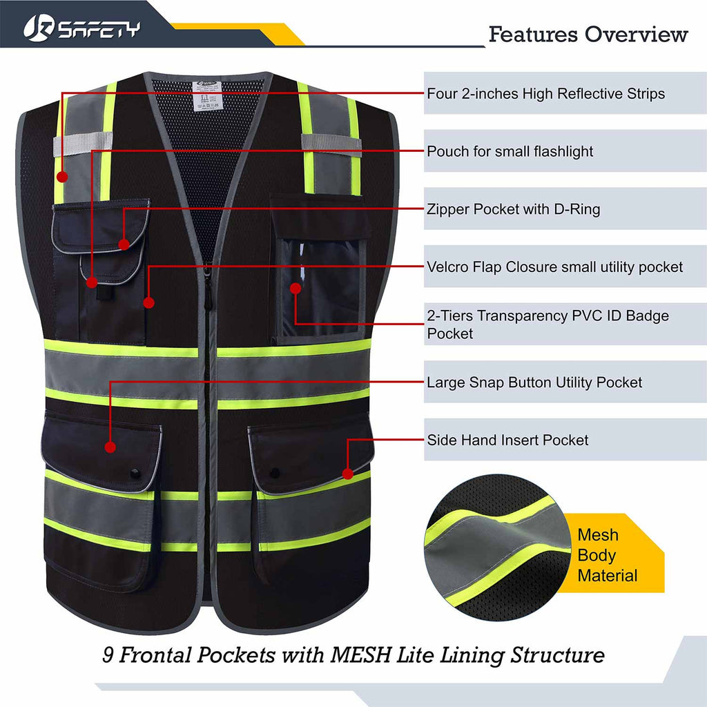 JKSafety 9 Pockets Mesh Two-Tone Hi-Vis Reflective Safety Vest, Security (JK100-SEC)