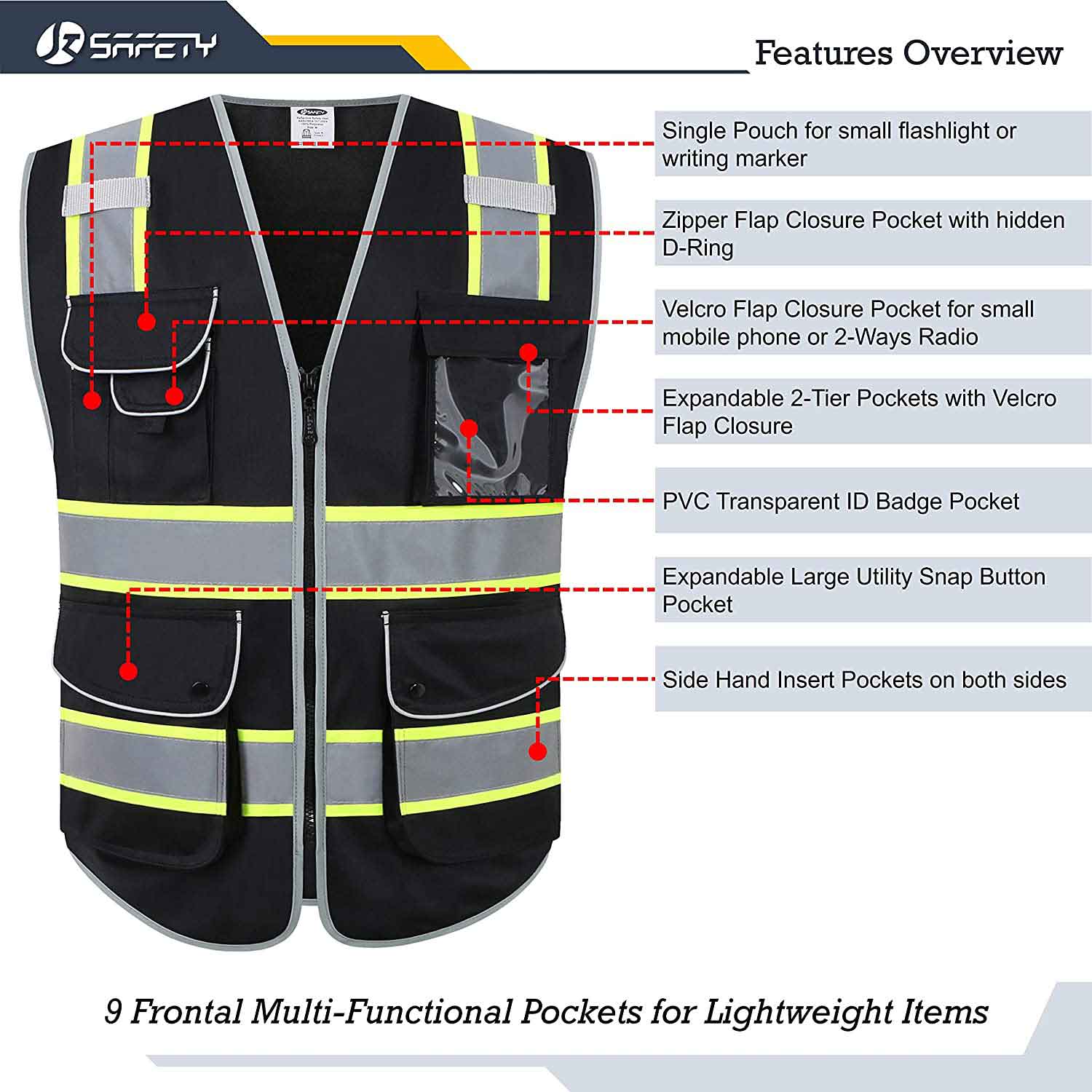 JKSafety 9 Pockets Two-Tone Hi-Vis Reflective Safety Vest (JK901)