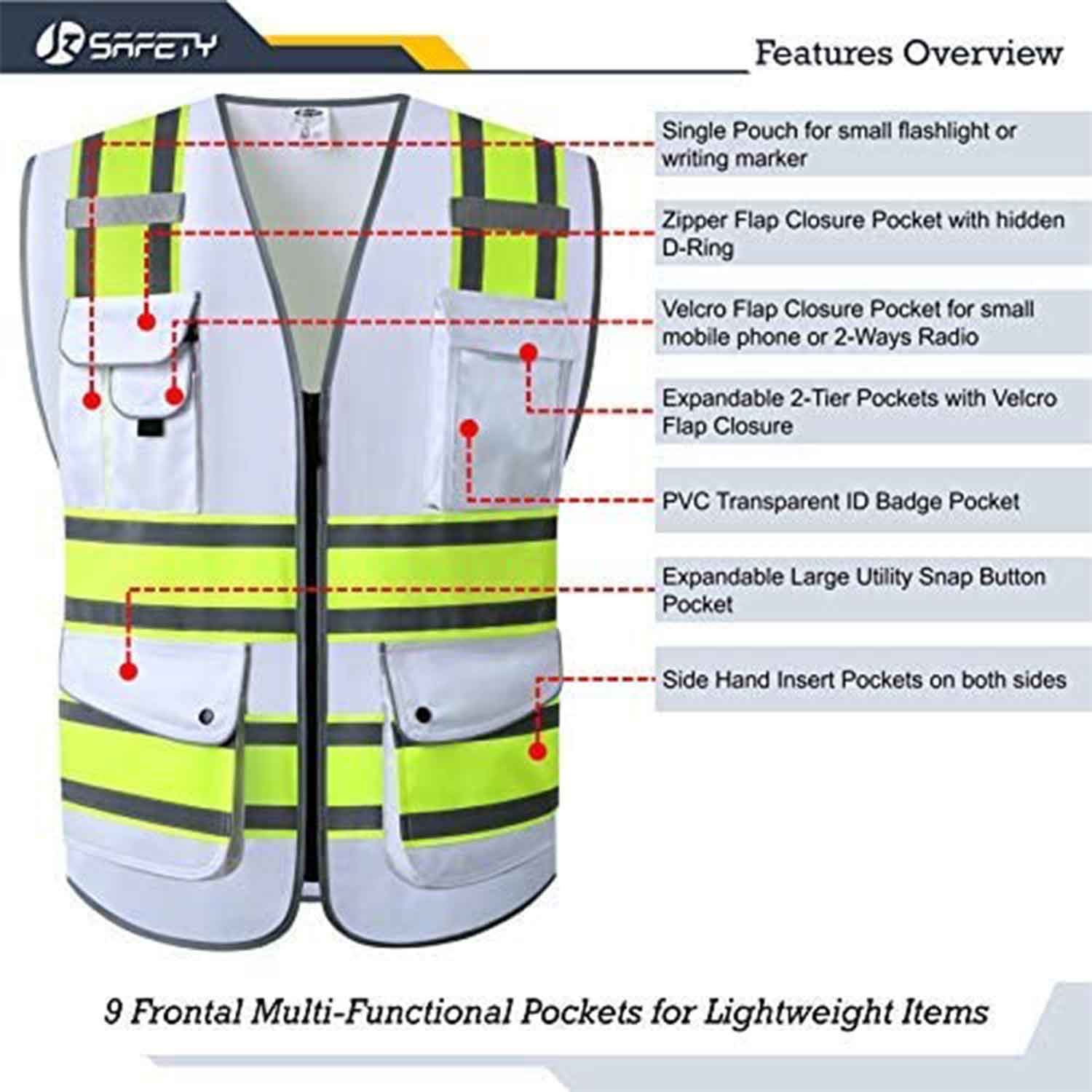 JKSafety 9 Pockets Two-Tone Hi-Vis Reflective Safety Vest (JK901)