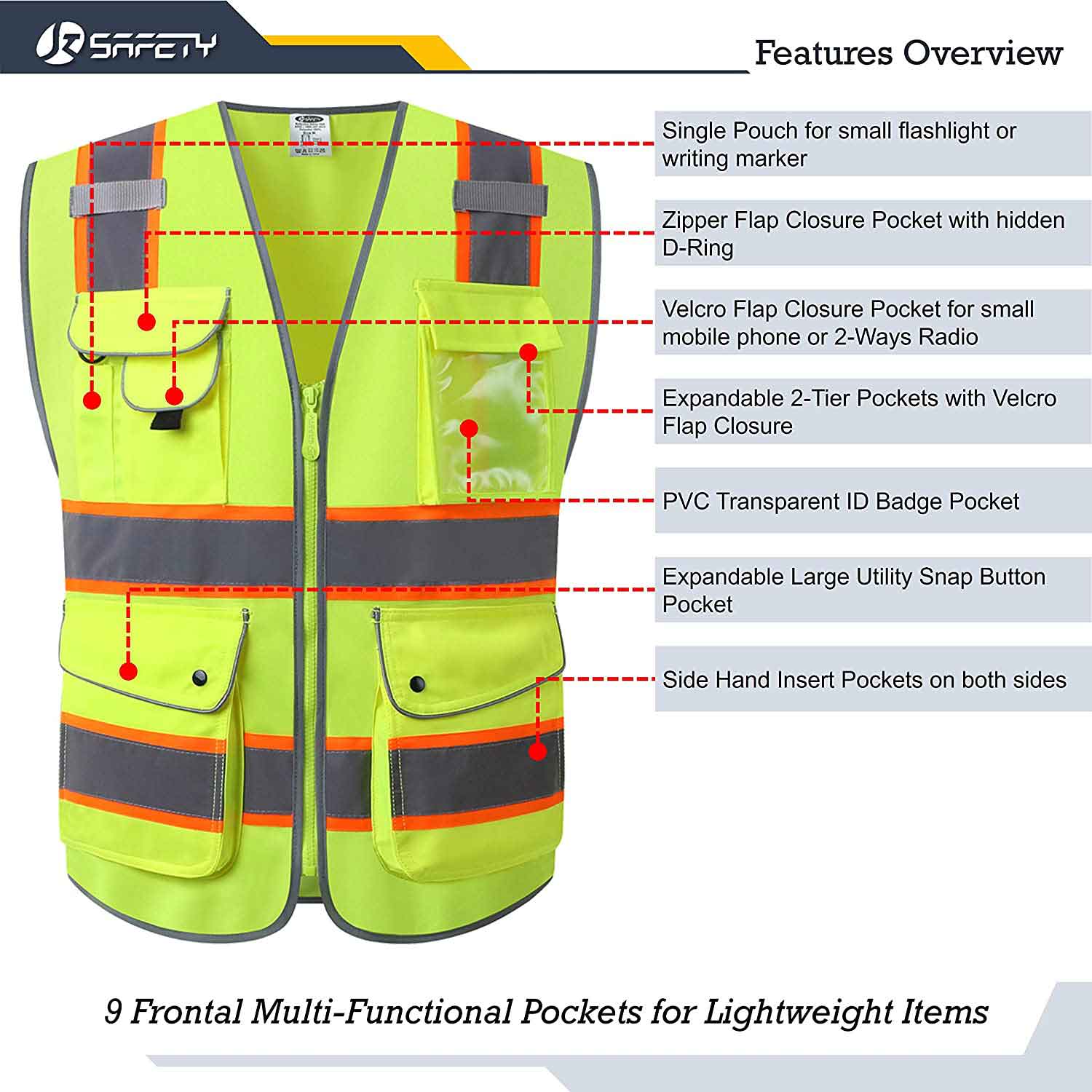 JKSafety 9 Pockets Two-Tone Hi-Vis Reflective Safety Vest (JK901)