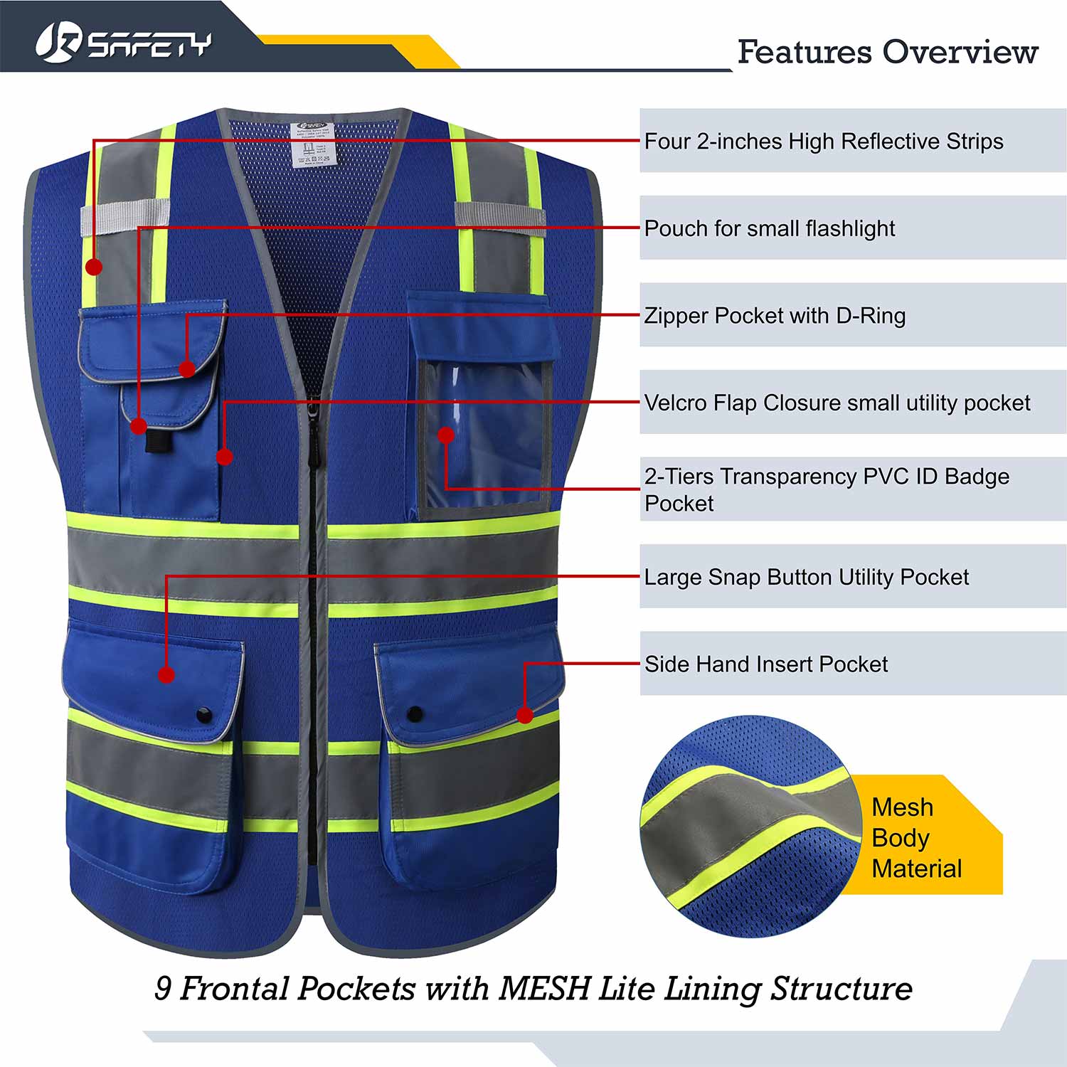 JKSafety 9 Pockets Mesh Two-Tone Hi-Vis Reflective Safety Vest, Security (JK100-SEC)