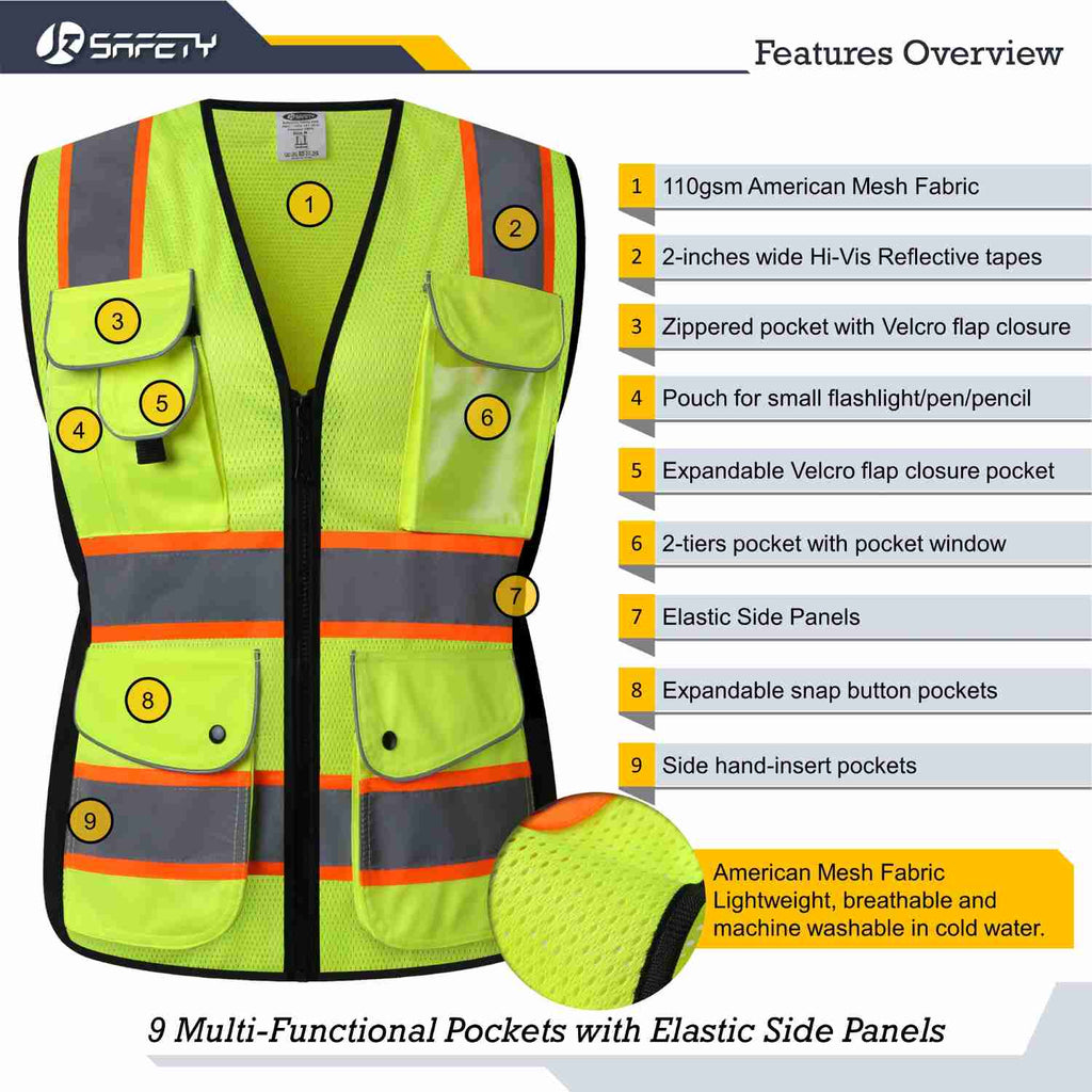 JKSafety 9 Pockets Women Mesh Two-Tone Hi-Vis Reflective Safety Vest (JK168)