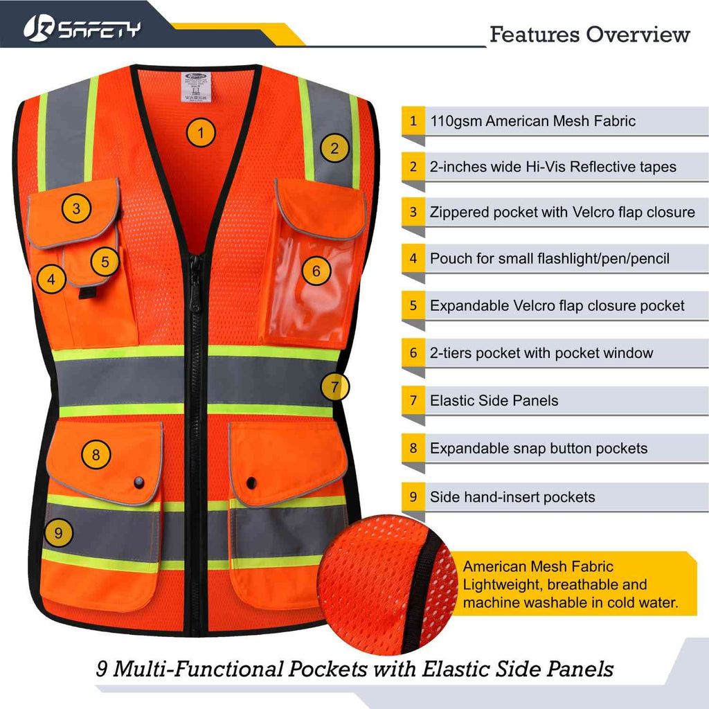JKSafety 9 Pockets Women Mesh Two-Tone Hi-Vis Reflective Safety Vest (JK168)