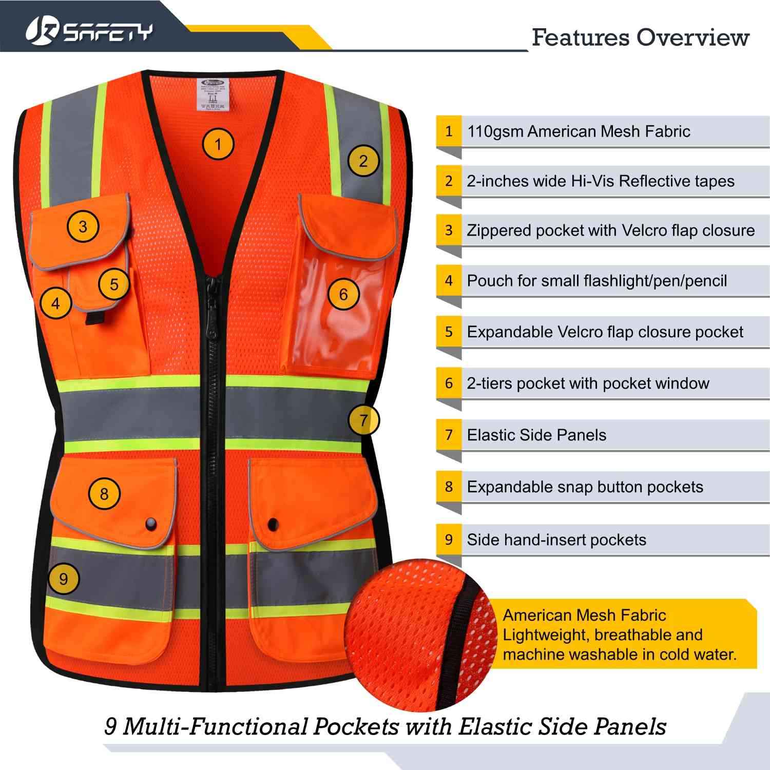 JKSafety 9 Pockets Women Mesh Two-Tone Hi-Vis Reflective Safety Vest (JK168)