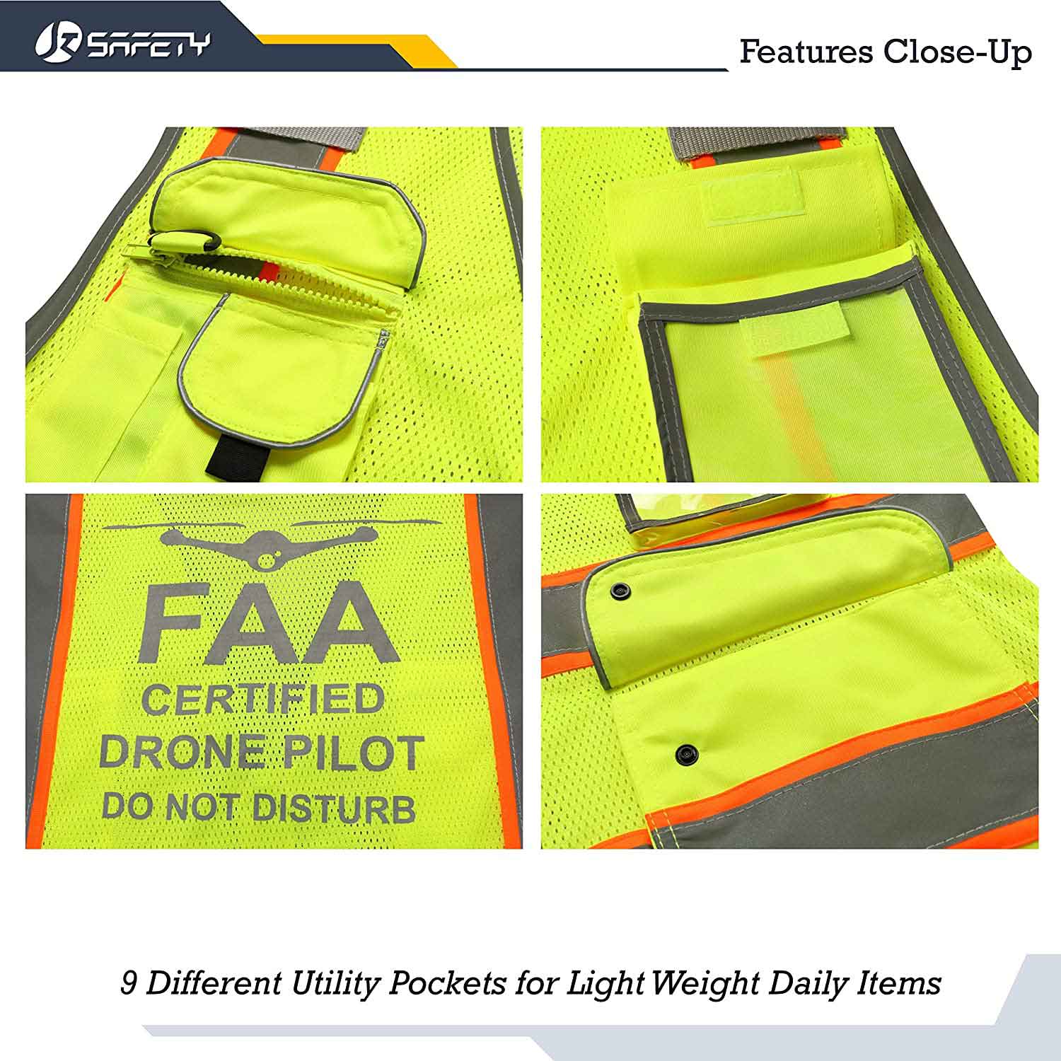 JKSafety 9 Pockets Mesh Two-Tone Hi-Vis Reflective Safety Vest, FAA Drone Pilot (JK100-FAA)
