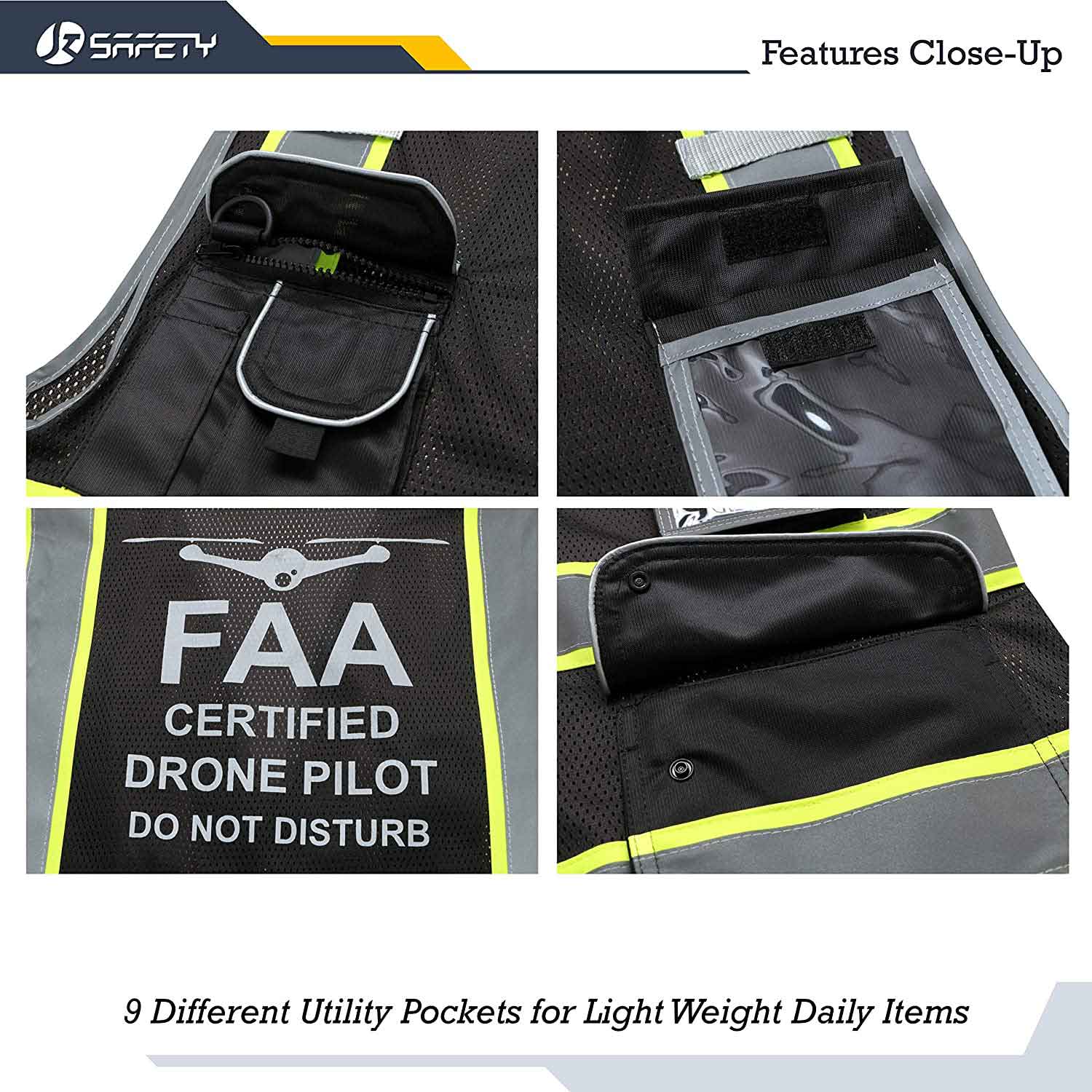 JKSafety 9 Pockets Mesh Two-Tone Hi-Vis Reflective Safety Vest, FAA Drone Pilot (JK100-FAA)
