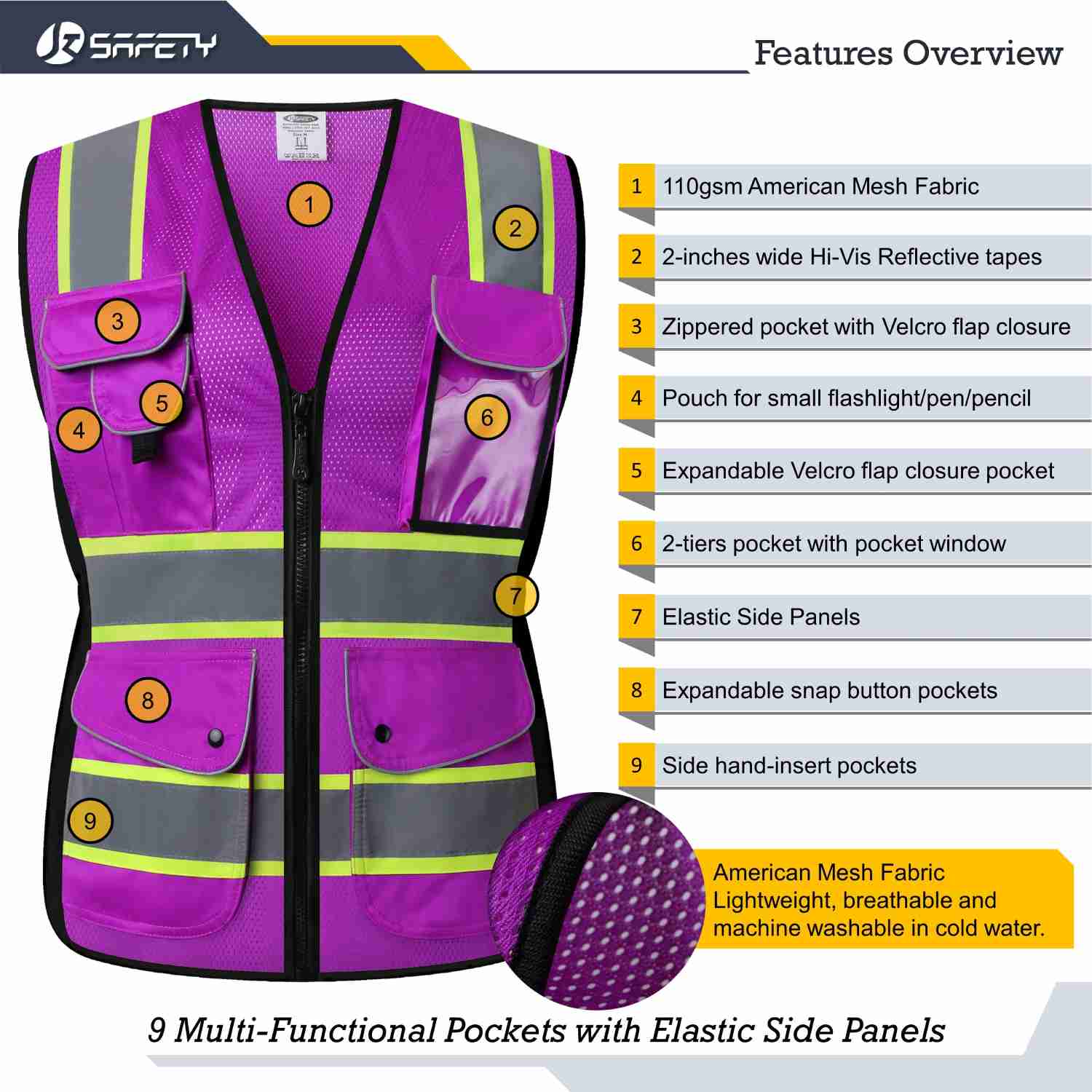 JKSafety 9 Pockets Women Mesh Two-Tone Hi-Vis Reflective Safety Vest (JK168)