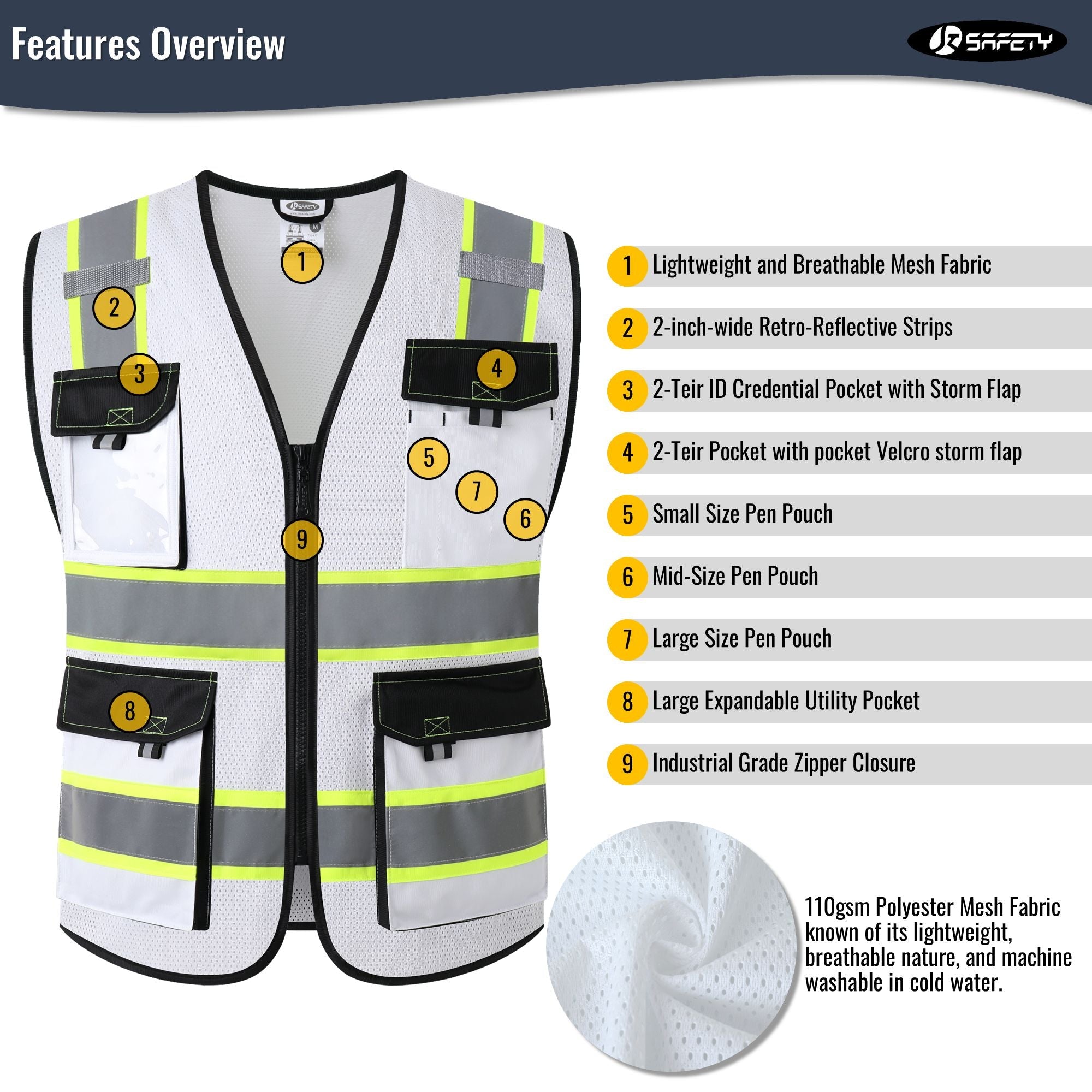 JKSafety 8 Pockets Two-Tone Mesh Hi-Vis Reflective Safety Vests (JK220)