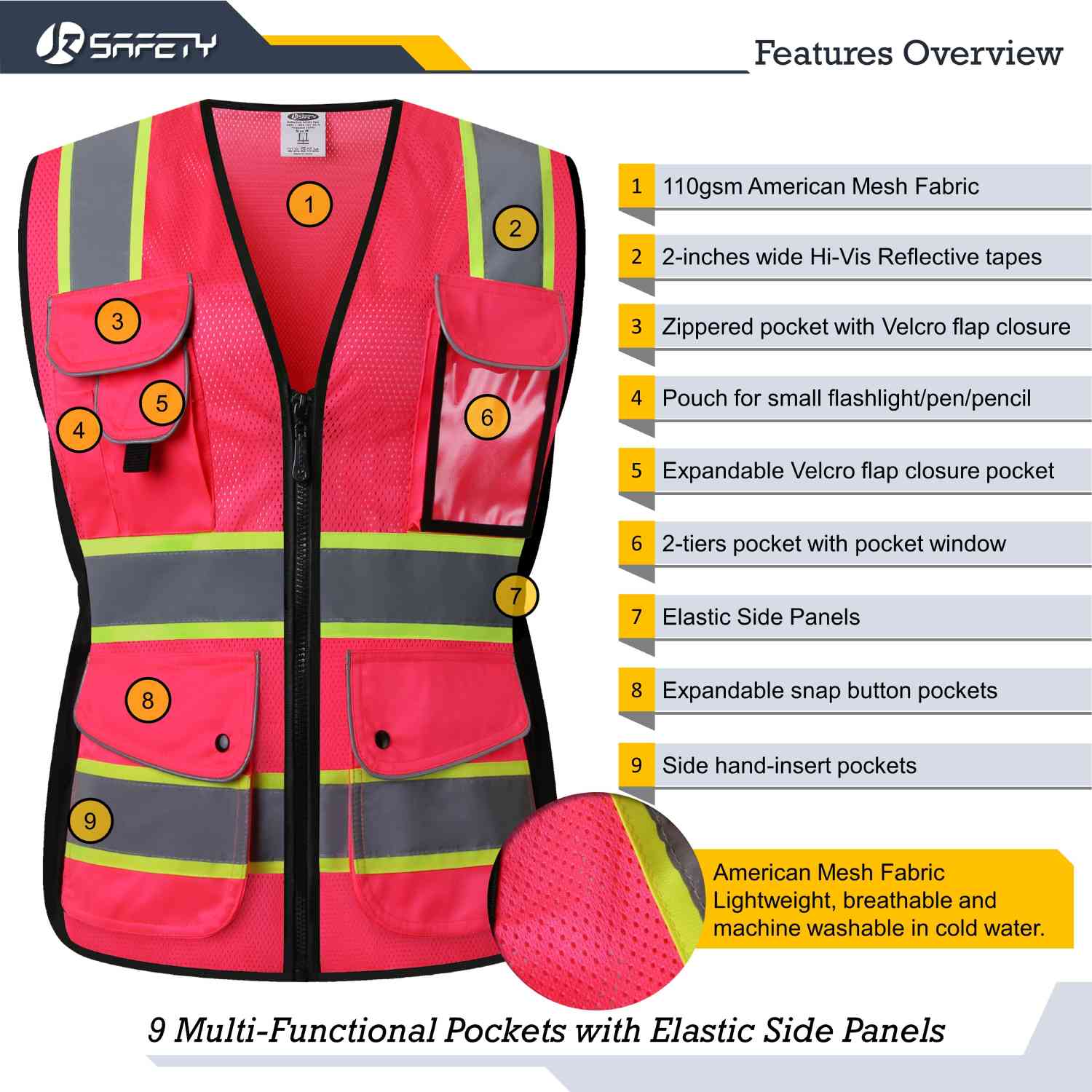 JKSafety 9 Pockets Women Mesh Two-Tone Hi-Vis Reflective Safety Vest (JK168)
