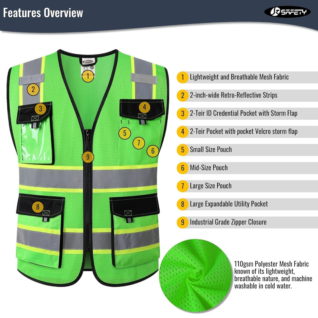 JKSafety 8 Pockets Two-Tone Mesh Hi-Vis Reflective Safety Vests (JK220)
