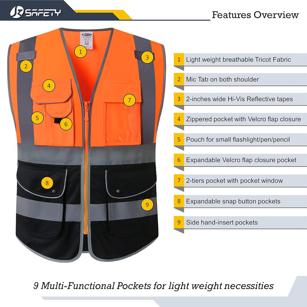 JKSafety 9 Pockets Hi-Vis Reflective Safety Vest (JK150)