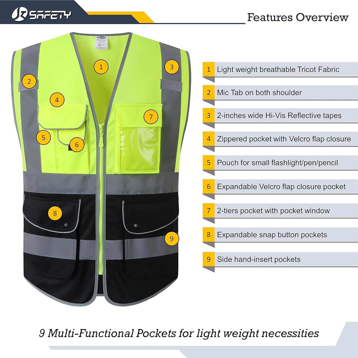 JKSafety 9 Pockets Hi-Vis Reflective Safety Vest (JK150)