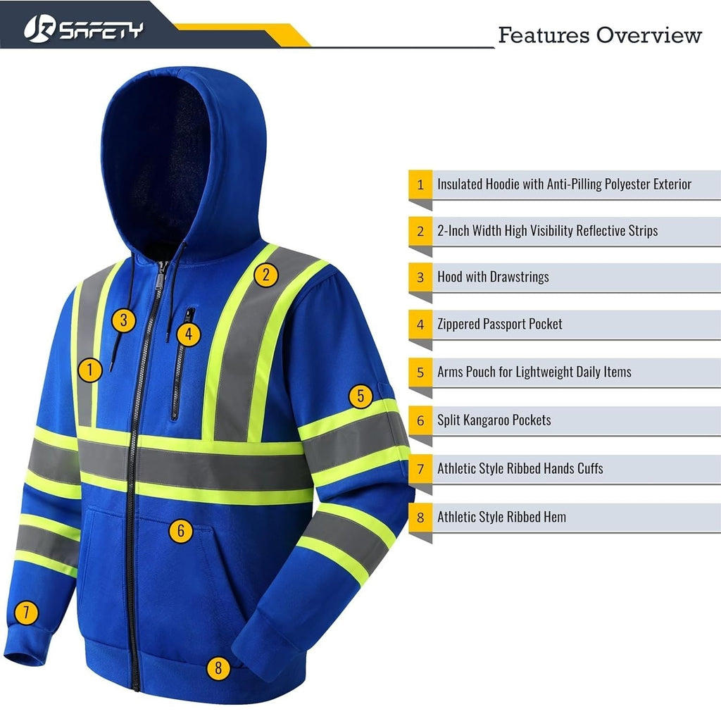 JKSafety Hi-Vis Reflective Safety Hooded Sweatshirt Zip-Up Hoodie (JKHS121)