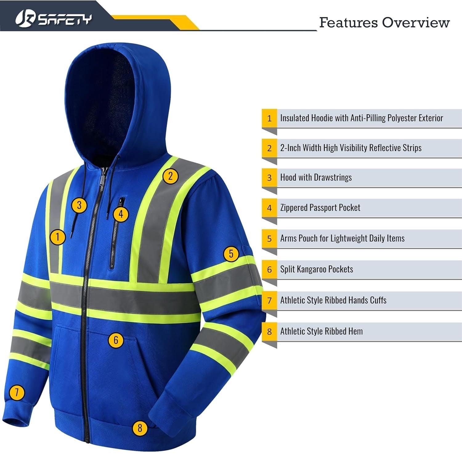 JKSafety Hi-Vis Reflective Safety Hooded Sweatshirt Zip-Up Hoodie (JKHS121)
