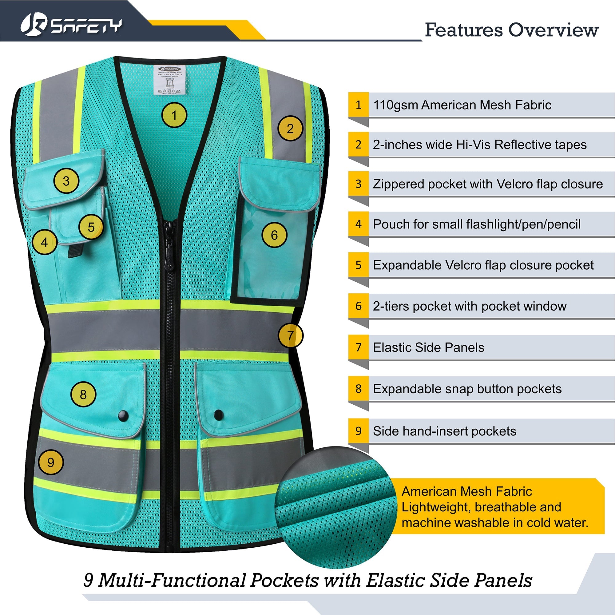 JKSafety 9 Pockets Women Mesh Two-Tone Hi-Vis Reflective Safety Vest (JK168)