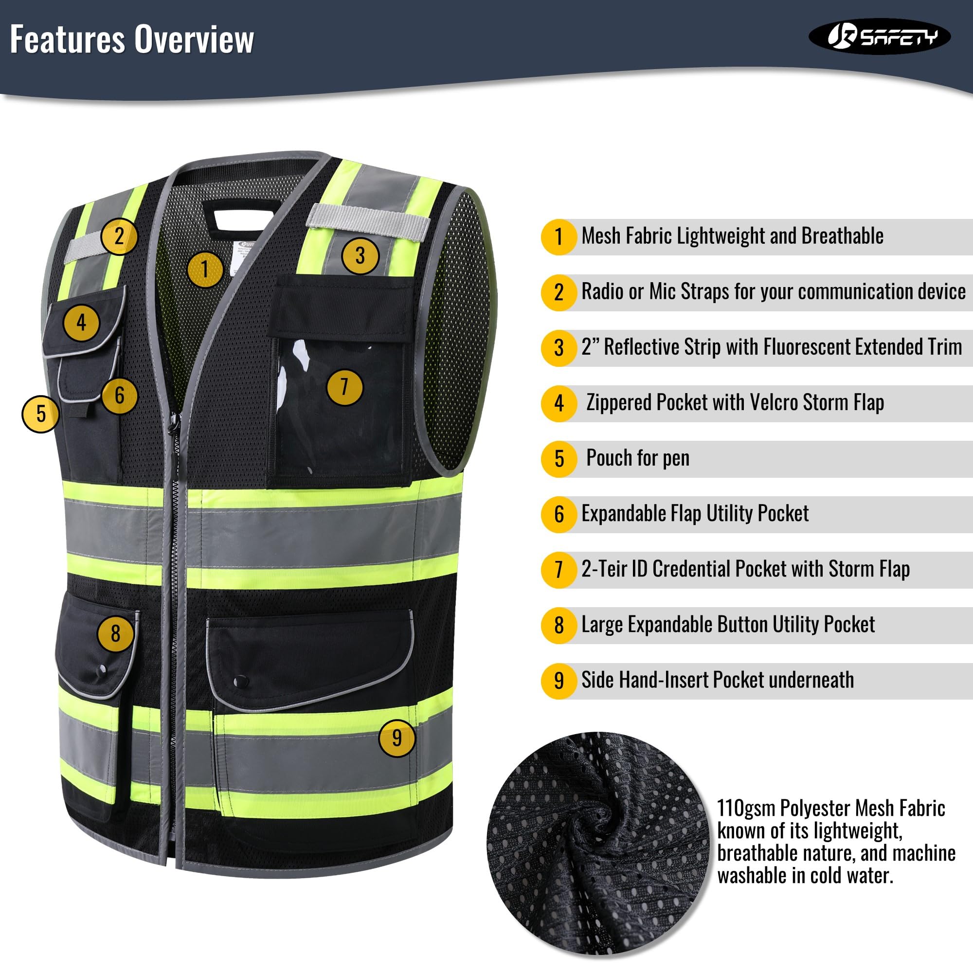 JKSafety 11 Pockets Mesh Hi-Vis Safety Vest (JK102)