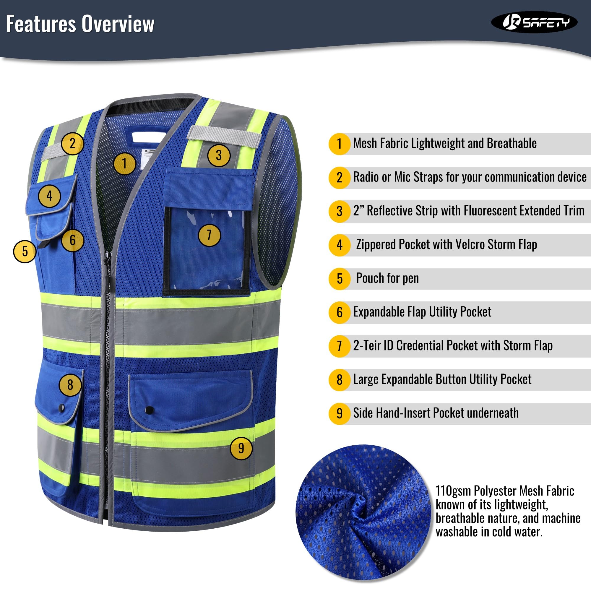 JKSafety 11 Pockets Mesh Hi-Vis Safety Vest (JK102)
