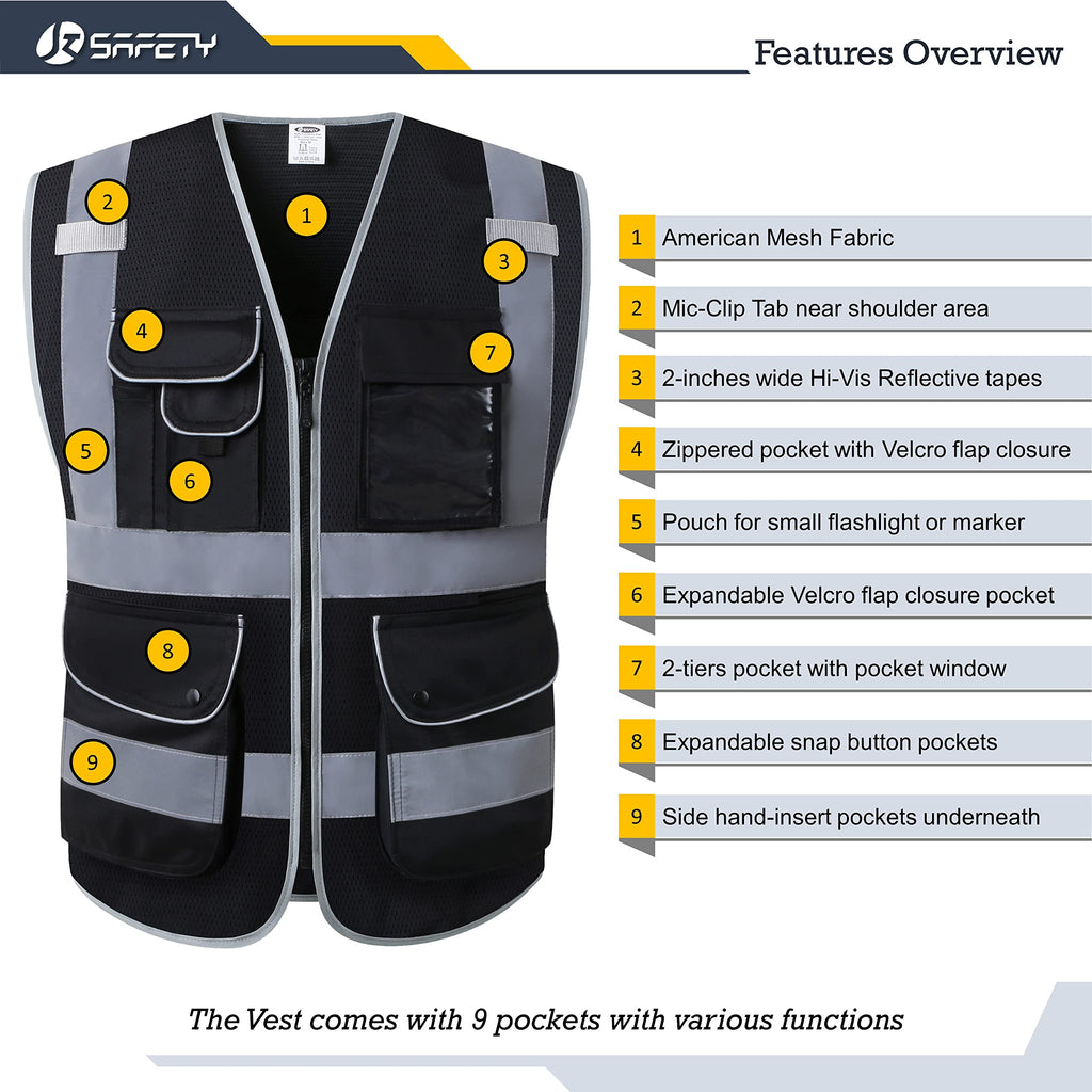 JKSafety 9 Pockets Mesh Hi-Vis Reflective Safety Vest (JK159)
