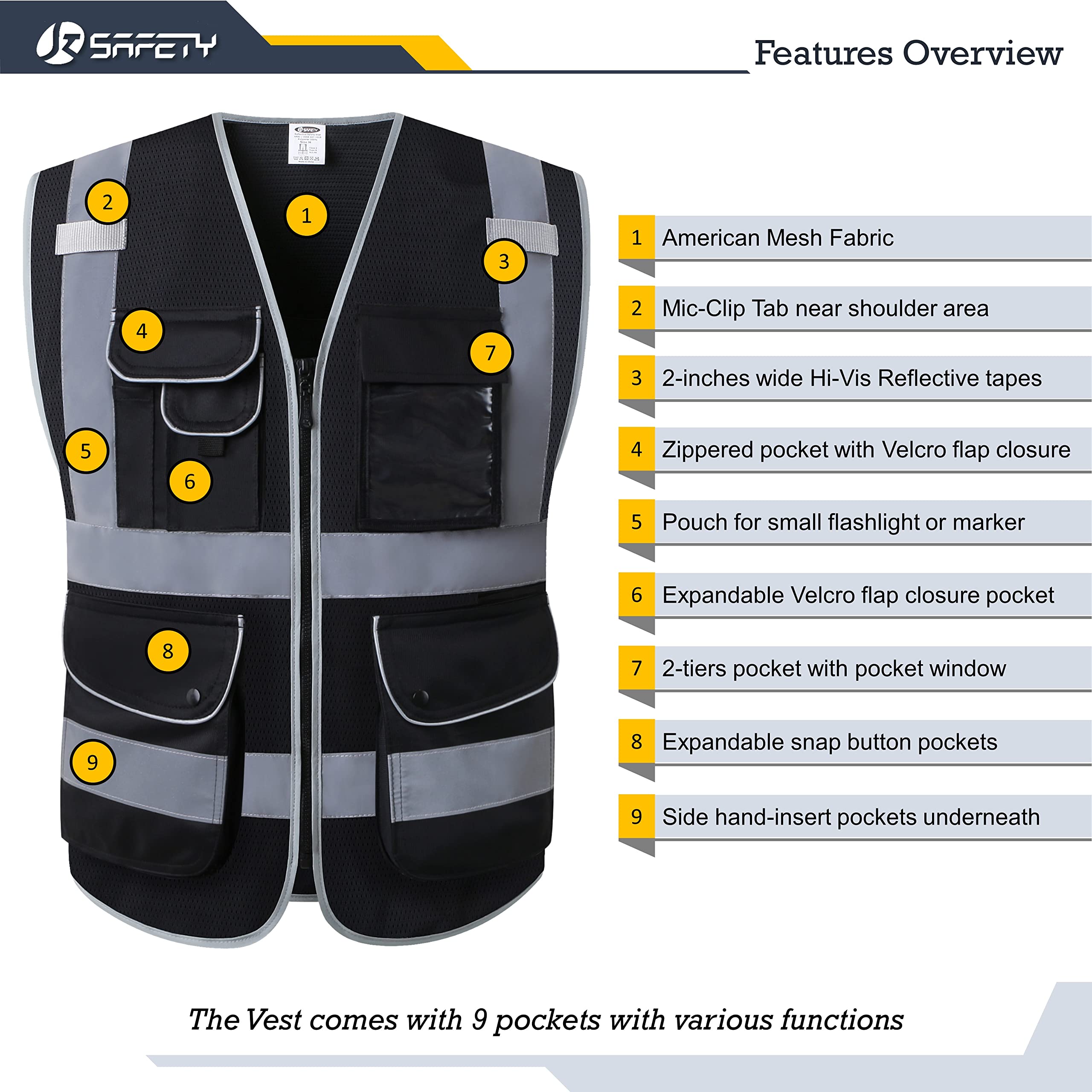 JKSafety 9 Pockets Mesh Hi-Vis Reflective Safety Vest (JK159)