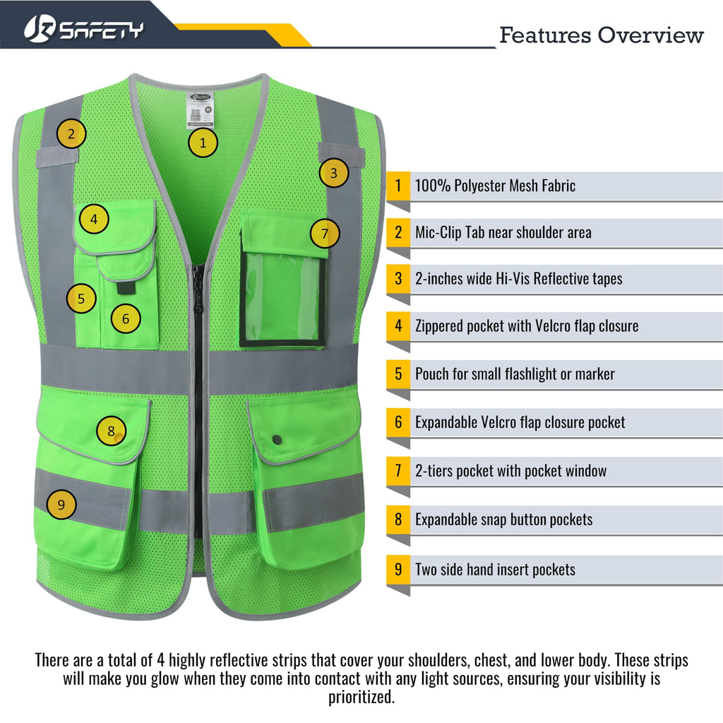 JKSafety 9 Pockets Mesh Hi-Vis Reflective Safety Vest (JK159)