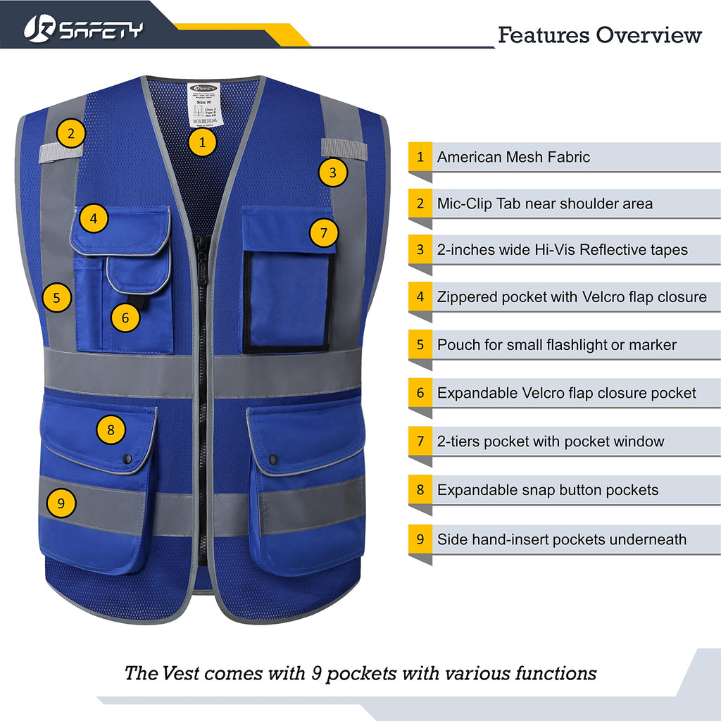 JKSafety 9 Pockets Mesh Hi-Vis Reflective Safety Vest (JK159)