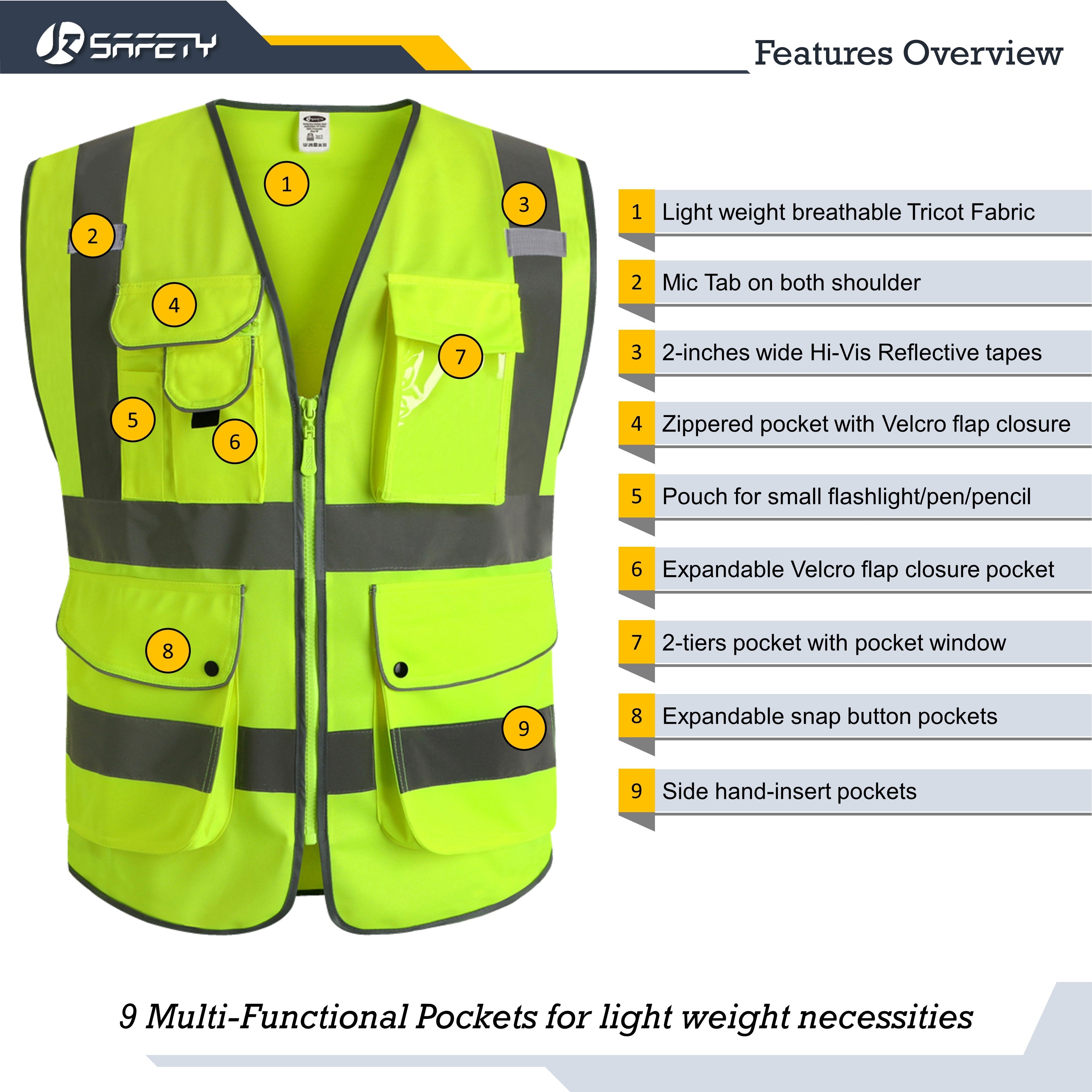 JKSafety 9 Pockets Hi-Vis Reflective Safety Vest (JK150)
