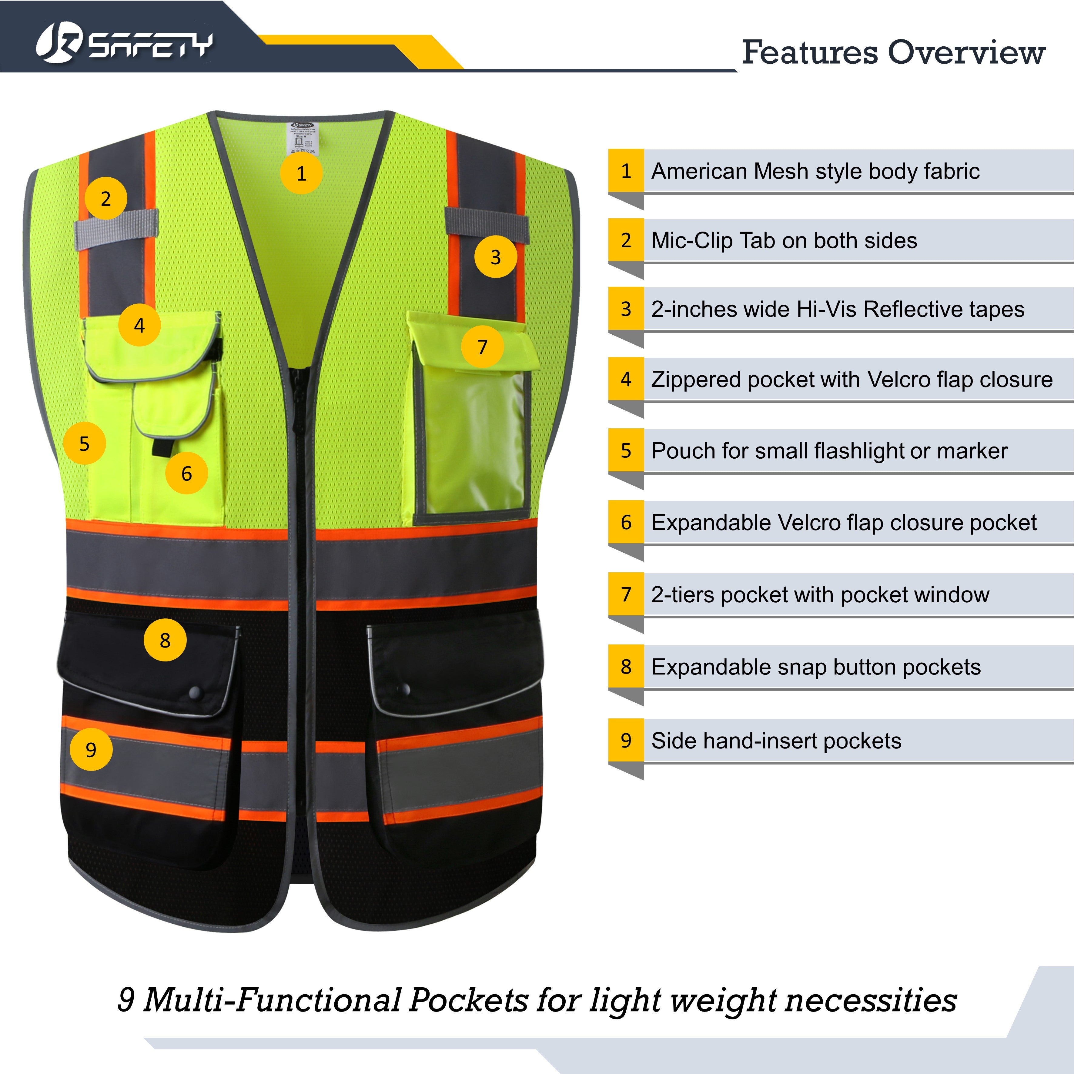 JKSafety 9 Pockets Mesh Two-Tone Hi-Vis Reflective Safety Vest (JK100)