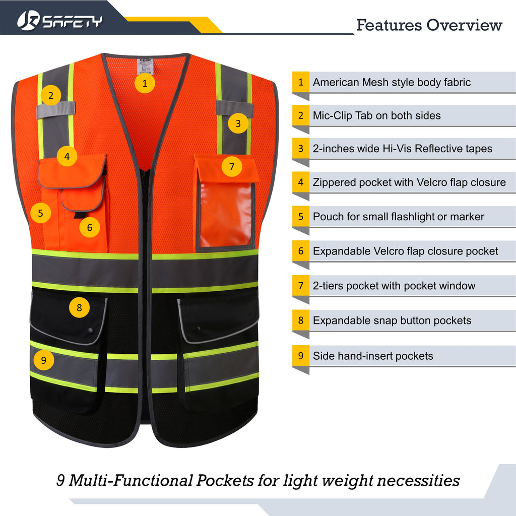 JKSafety 9 Pockets Mesh Two-Tone Hi-Vis Reflective Safety Vest (JK100)