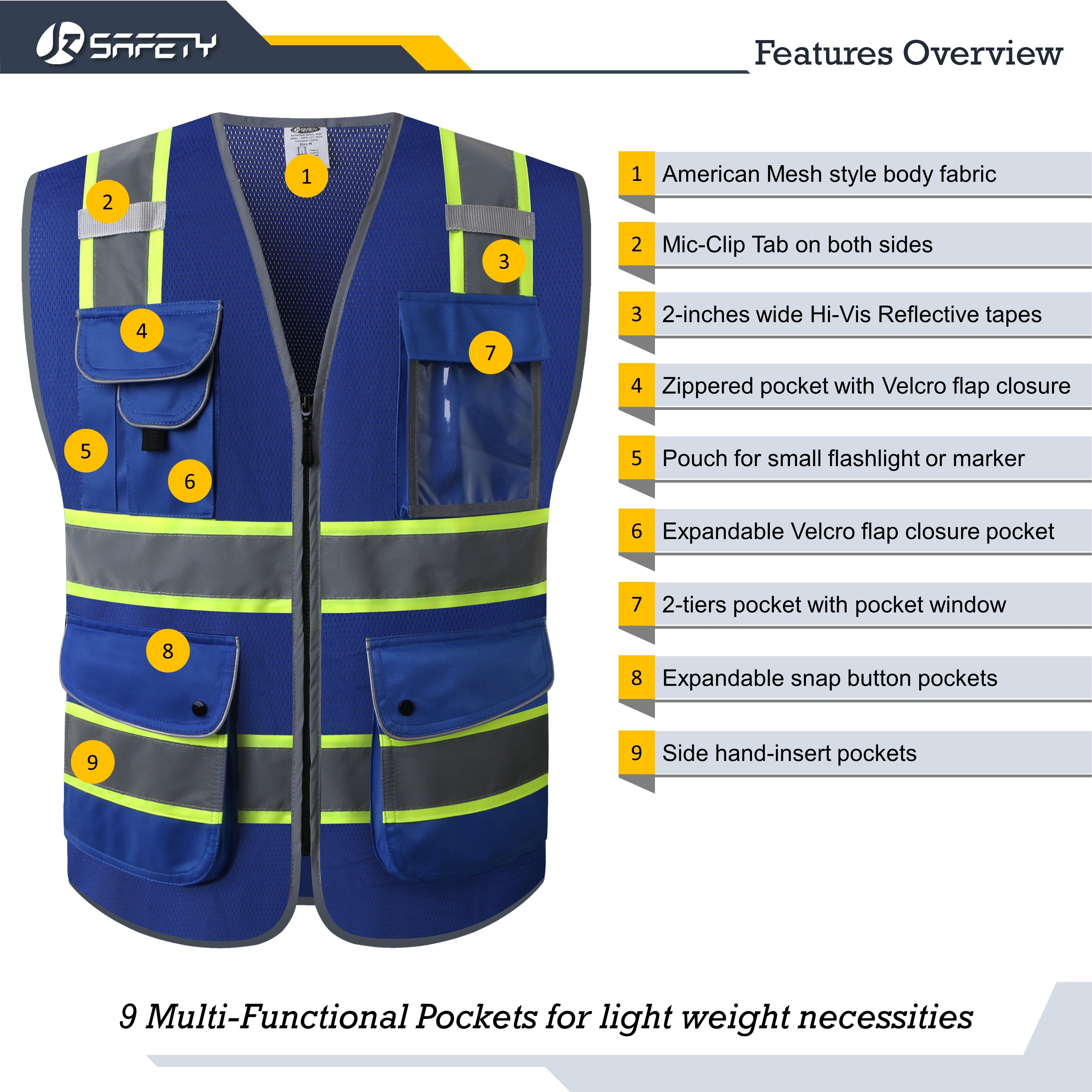JKSafety 9 Pockets Mesh Two-Tone Hi-Vis Reflective Safety Vest (JK100)