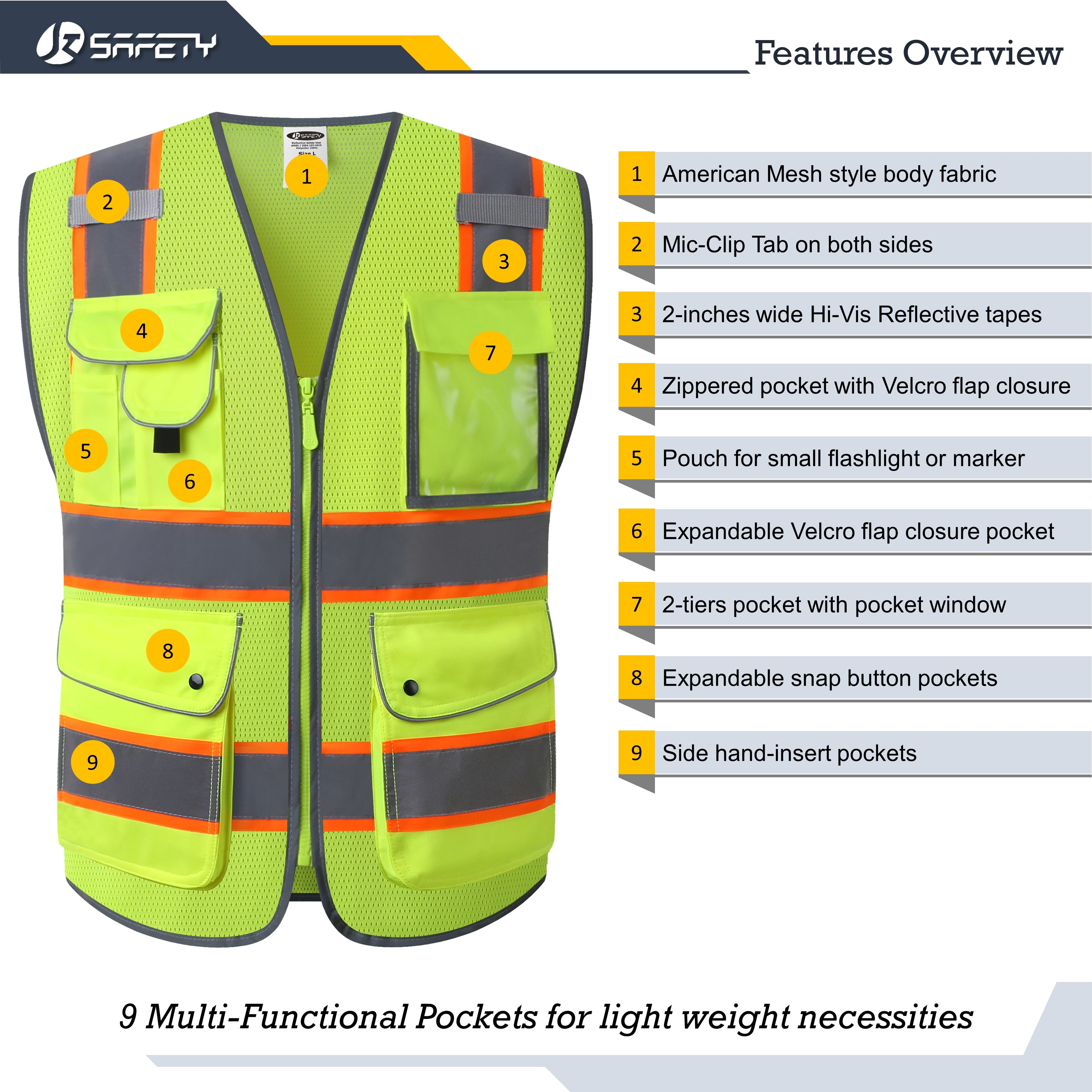 JKSafety 9 Pockets Mesh Two-Tone Hi-Vis Reflective Safety Vest (JK100)
