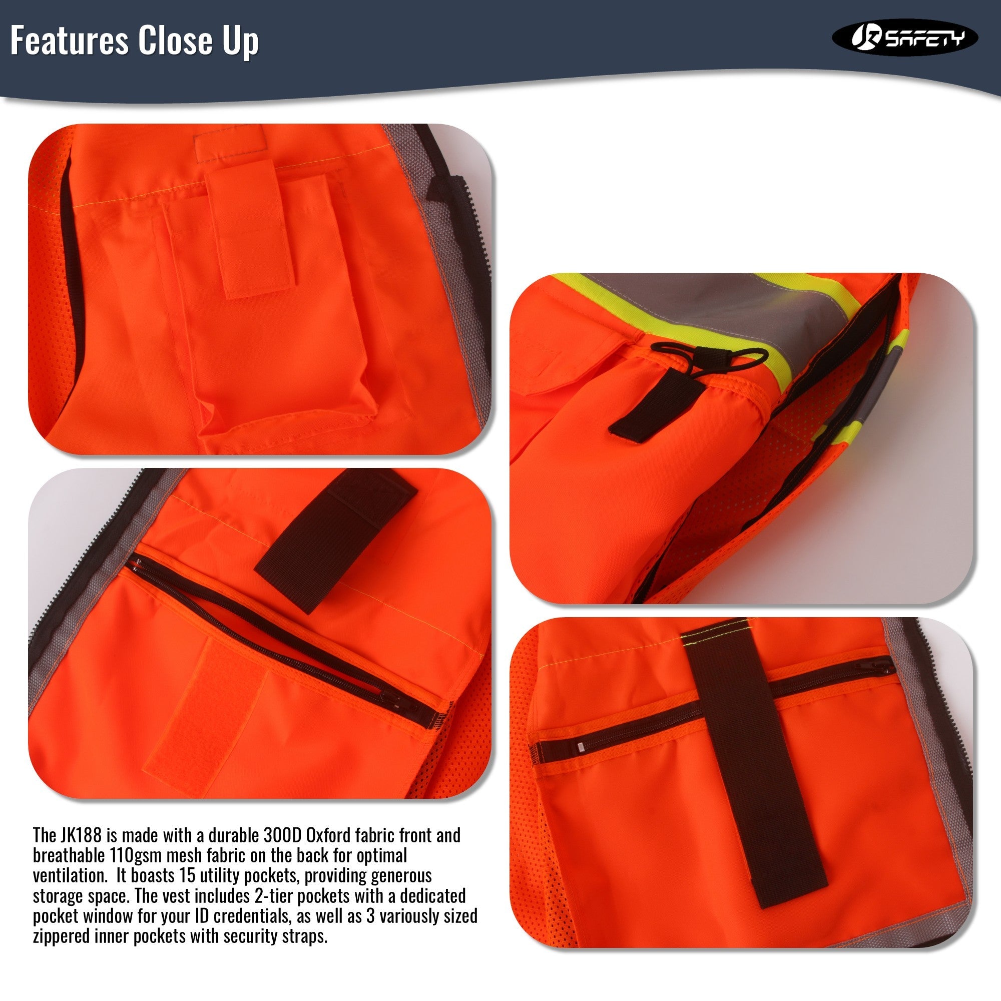 JKSafety Heavy Duty Reflective Surveyor Safety Vest Cushioned Collar (JK188)