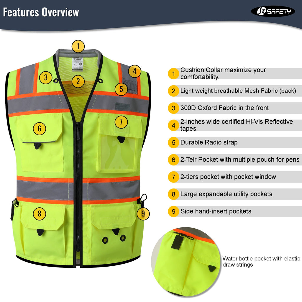JKSafety Heavy Duty Reflective Surveyor Safety Vest Cushioned Collar (JK188)