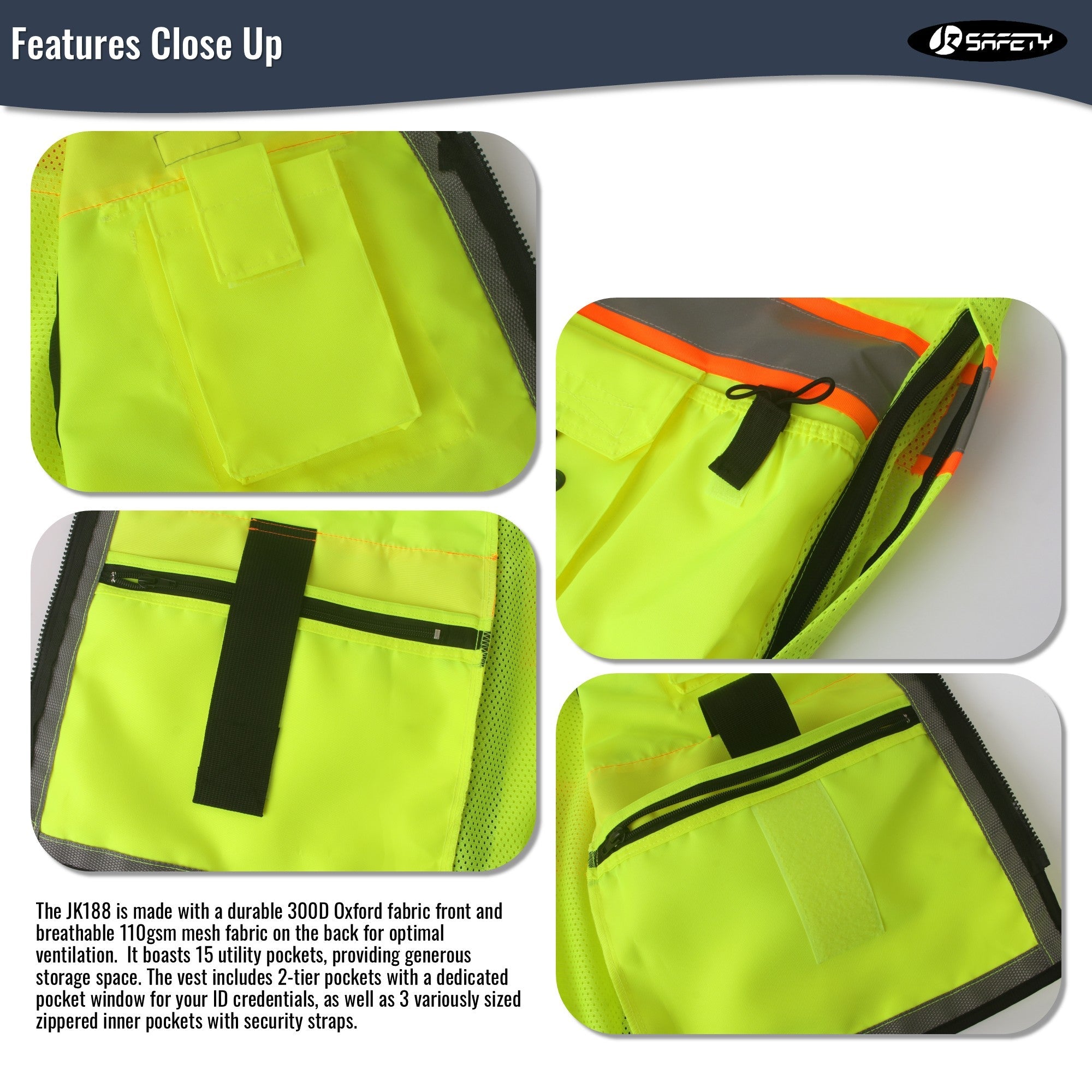 JKSafety Heavy Duty Reflective Surveyor Safety Vest Cushioned Collar (JK188)