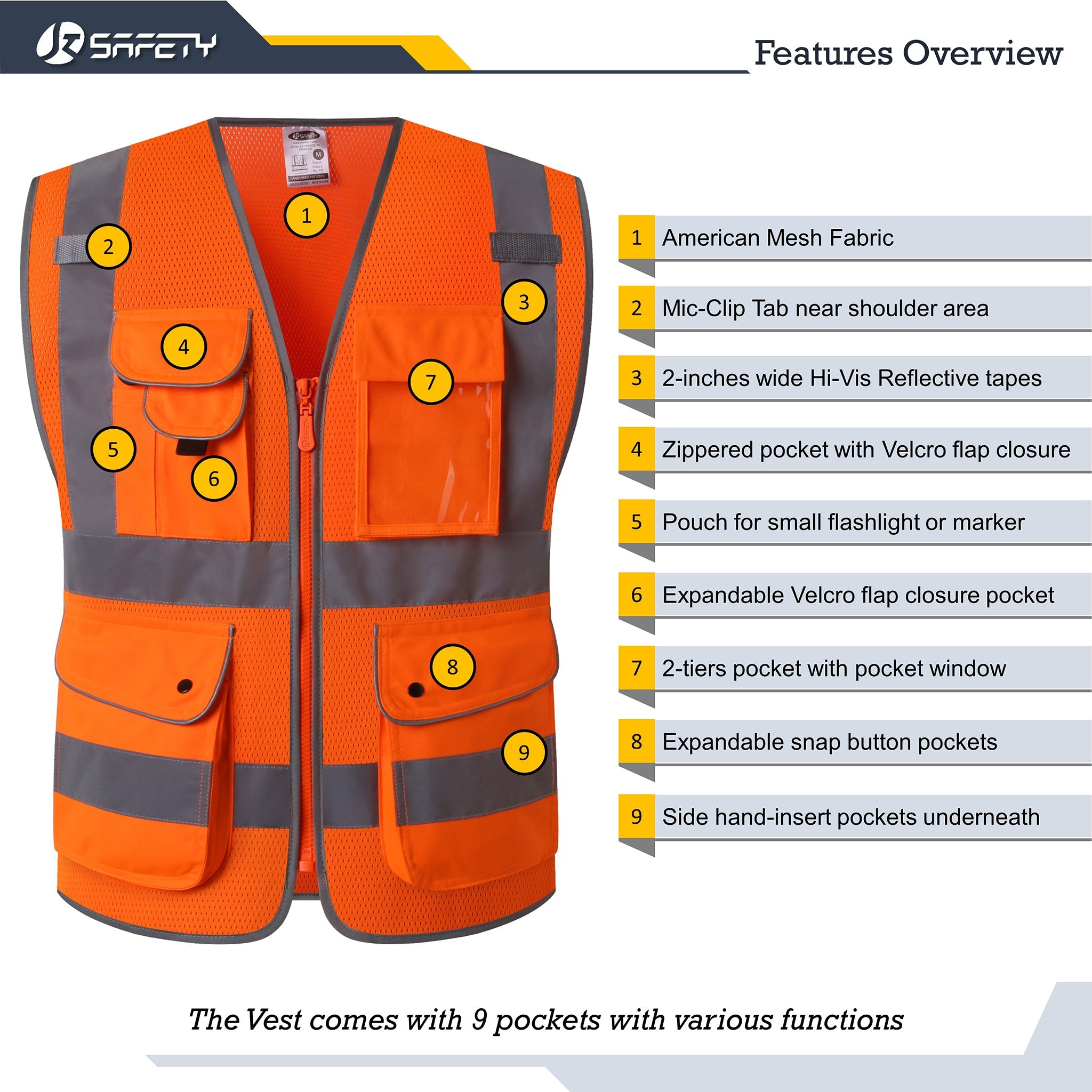 JKSafety 9 Pockets 2-Pack Hi-Vis Reflective Mesh Safety Vest (JK160)