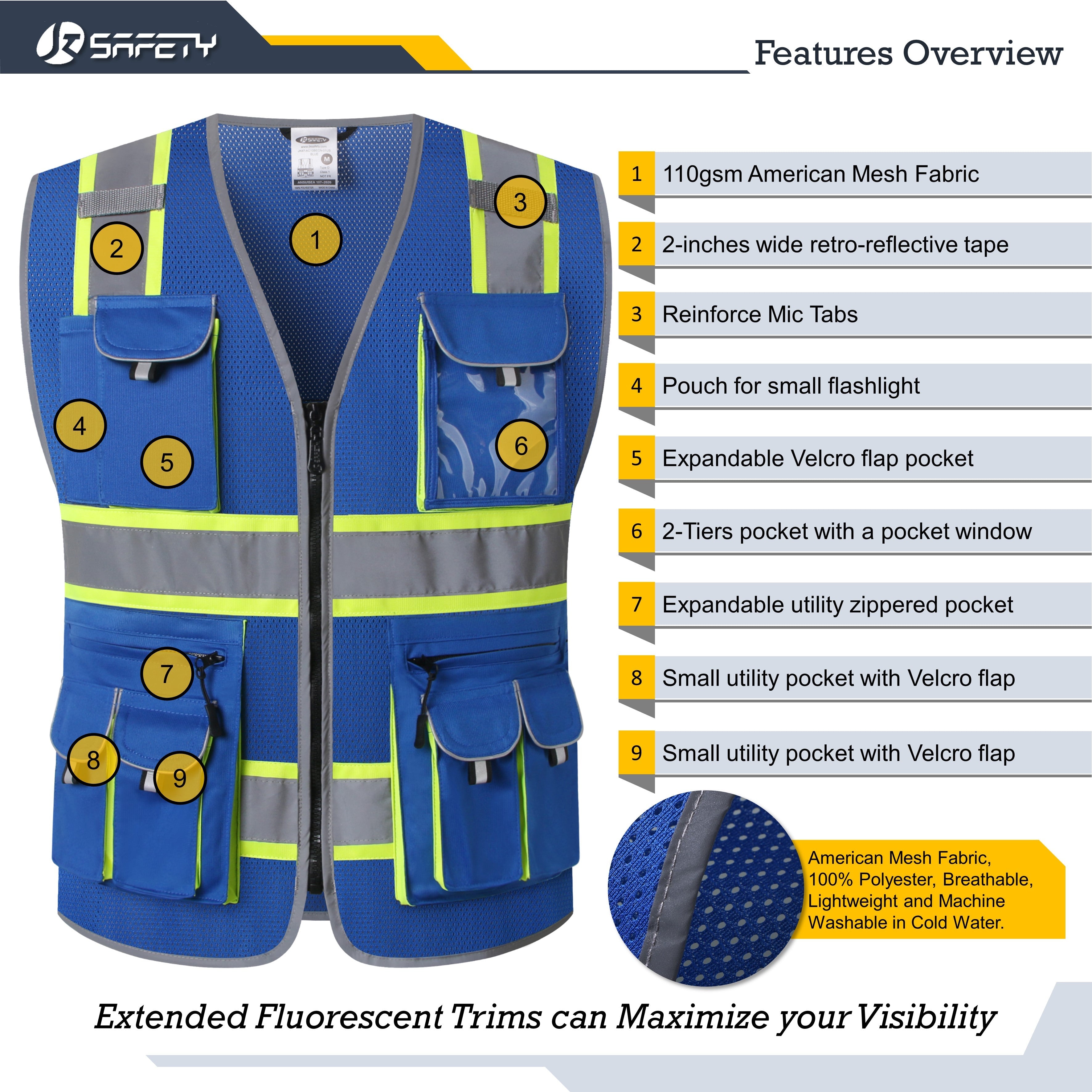 JKSafety 10 Pockets Two-Tone Mesh Hi-Vis Reflective Safety Vest (JK086)