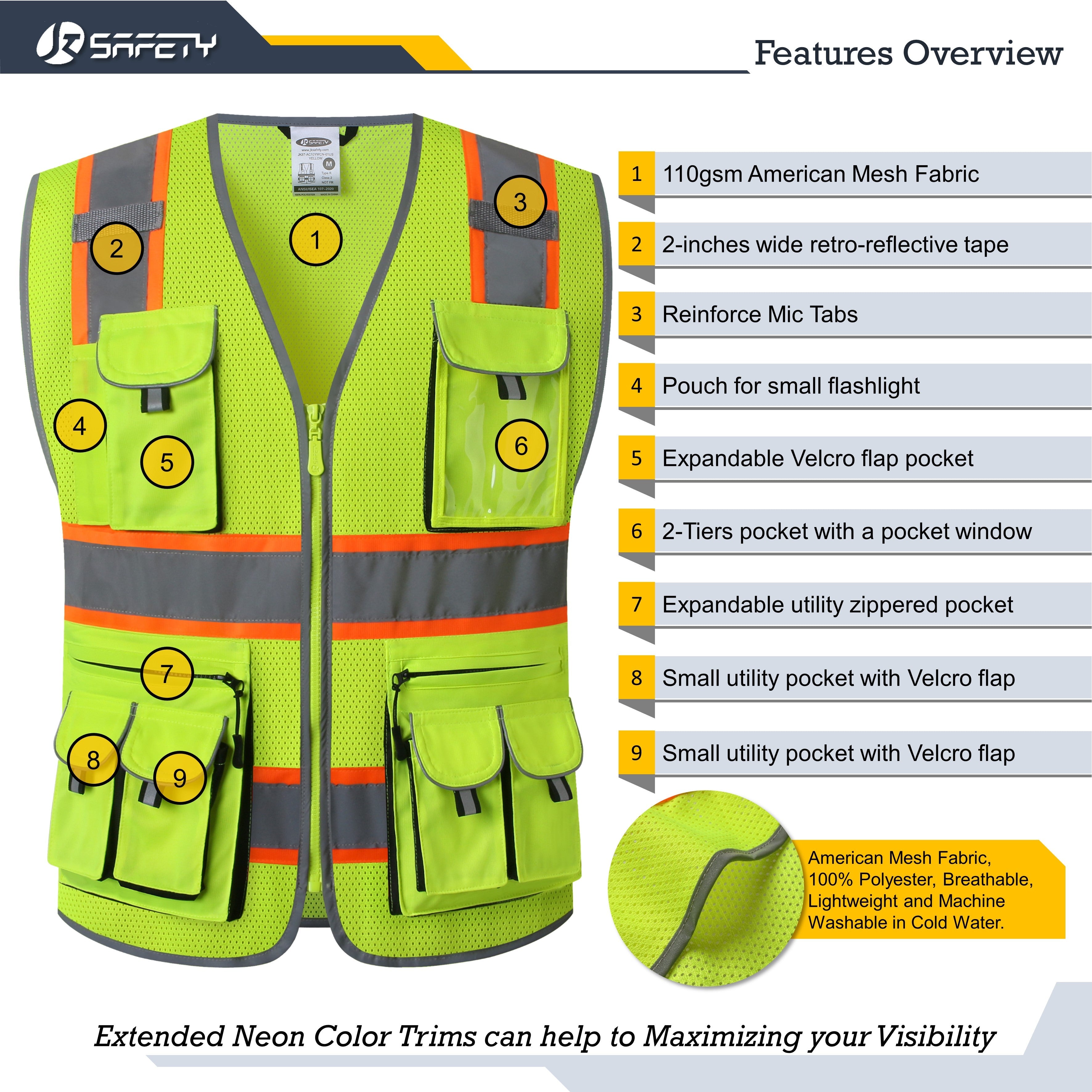 JKSafety 10 Pockets Two-Tone Mesh Hi-Vis Reflective Safety Vest (JK086)