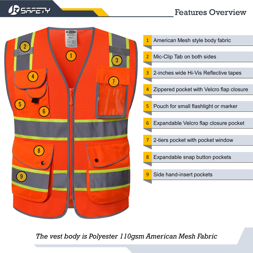 JKSafety 9 Pockets Mesh Two-Tone Hi-Vis Reflective Safety Vest (JK100)