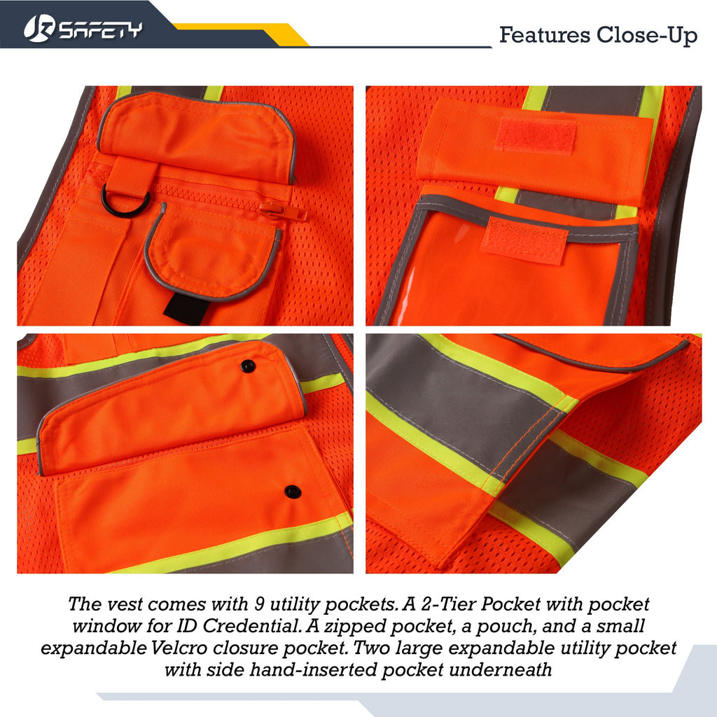 JKSafety 9 Pockets Mesh Two-Tone Hi-Vis Reflective Safety Vest (JK100)