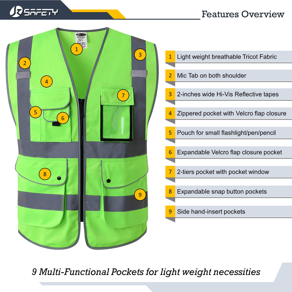 JKSafety 9 Pockets Hi-Vis Reflective Safety Vest (JK150)