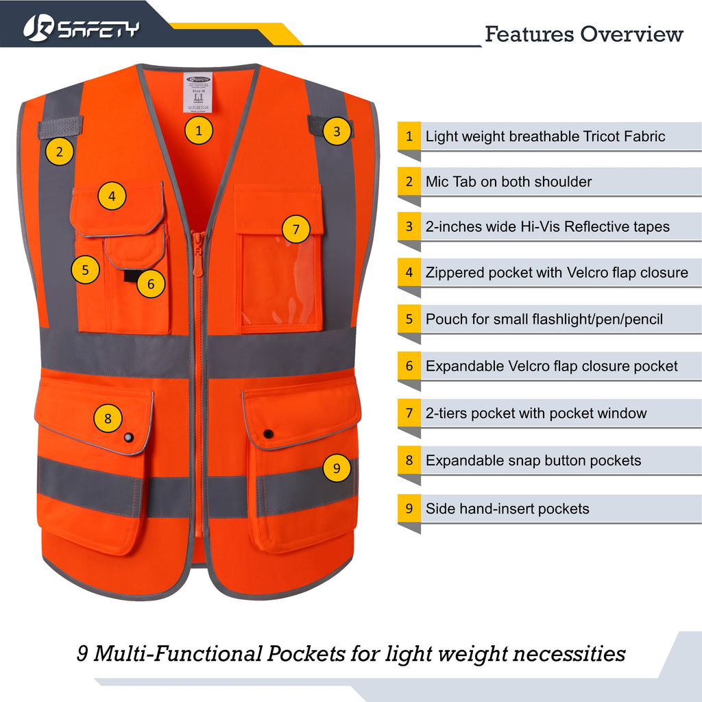 JKSafety 9 Pockets Hi-Vis Reflective Safety Vest (JK150)