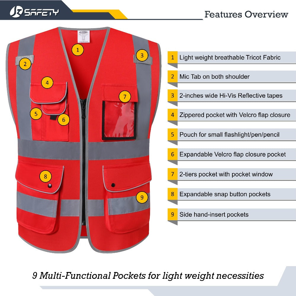 JKSafety 9 Pockets Hi-Vis Reflective Safety Vest (JK150)