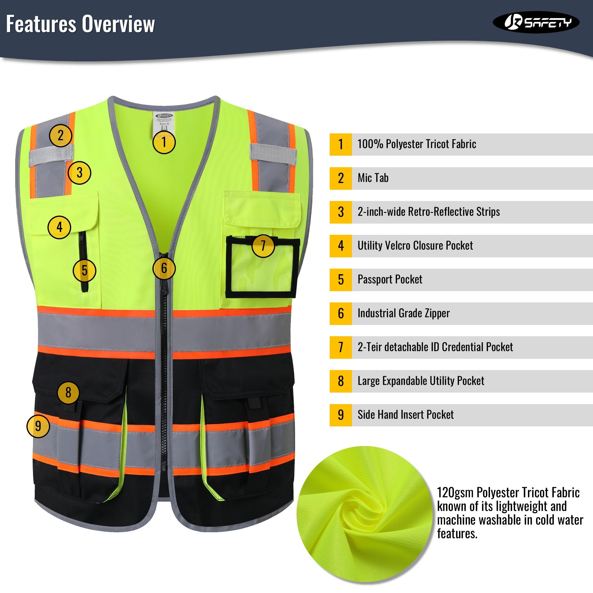 JKSafety 7 Pockets Two-Tone Hi-Vis Reflective Safety Vest (JK130)
