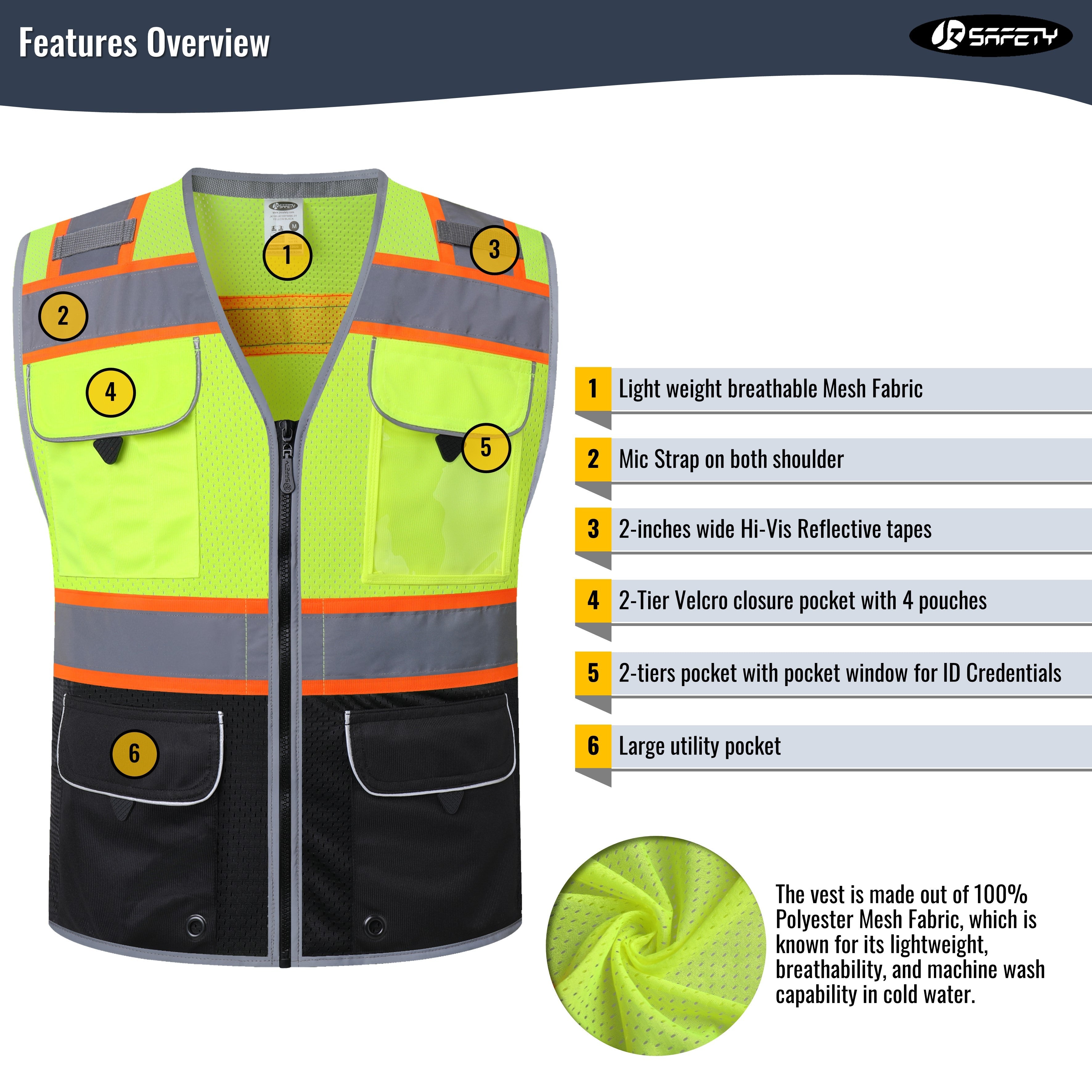 JKSafety 9 Pockets Mesh Hi-Vis Safety Vest (JK189)