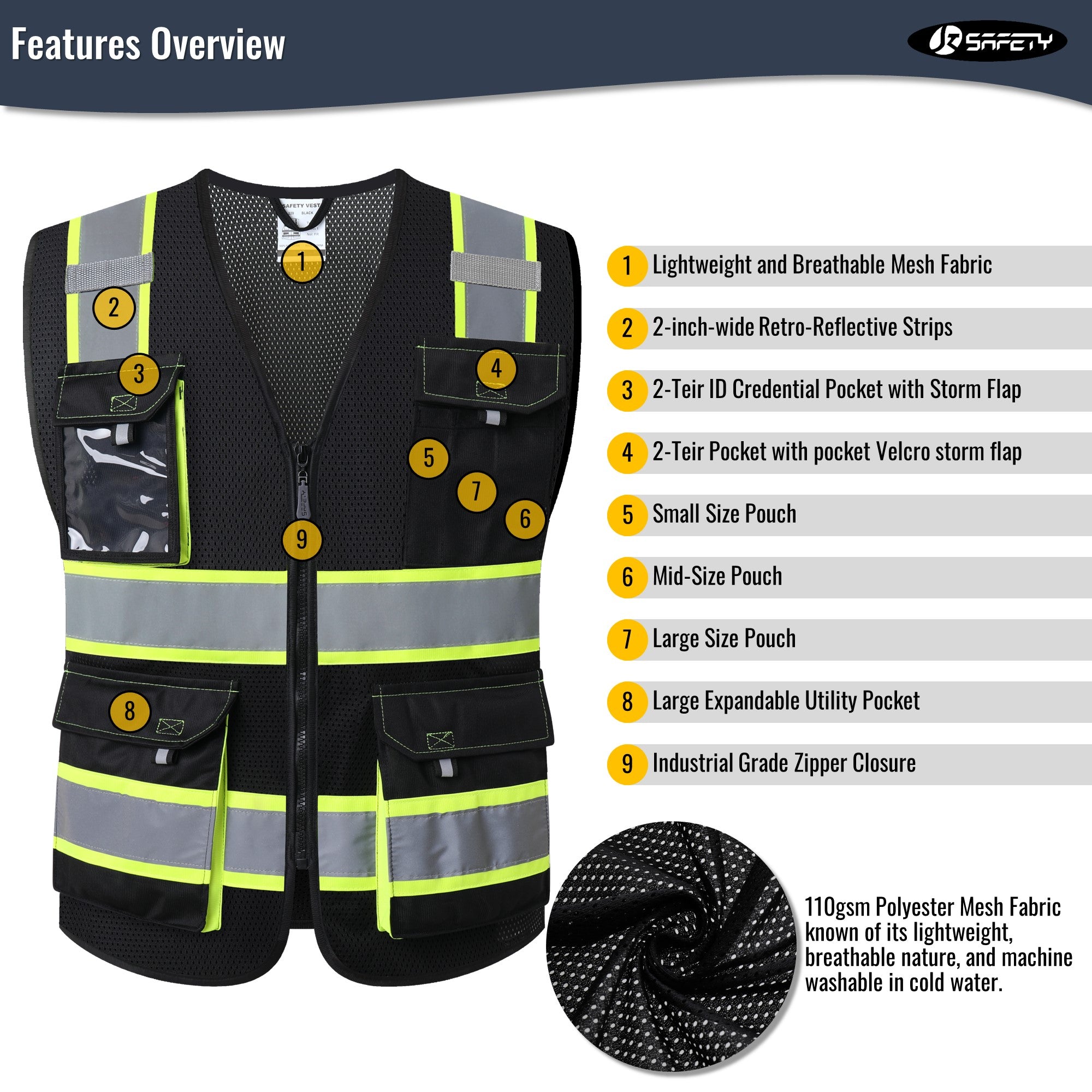 JKSafety 8 Pockets Two-Tone Mesh Hi-Vis Reflective Safety Vests (JK220)
