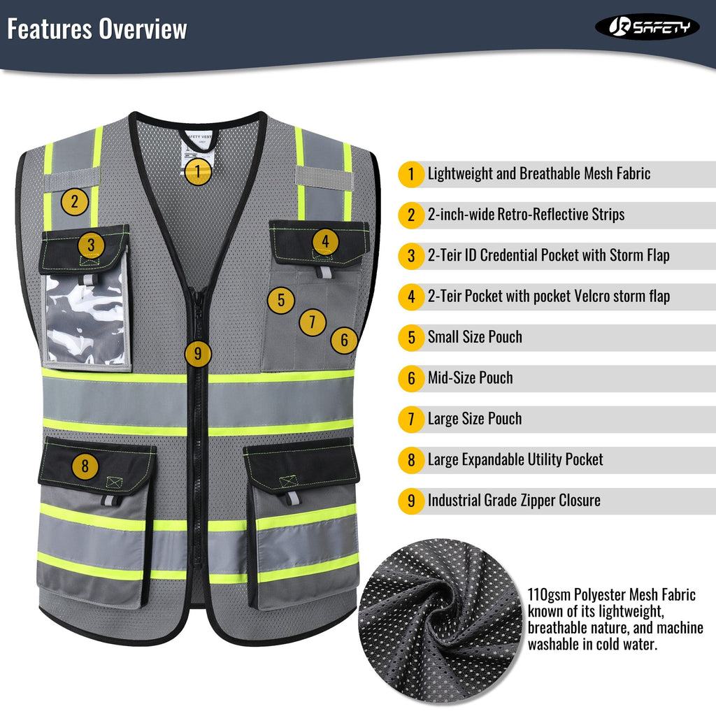 JKSafety 8 Pockets Two-Tone Mesh Hi-Vis Reflective Safety Vests (JK220)